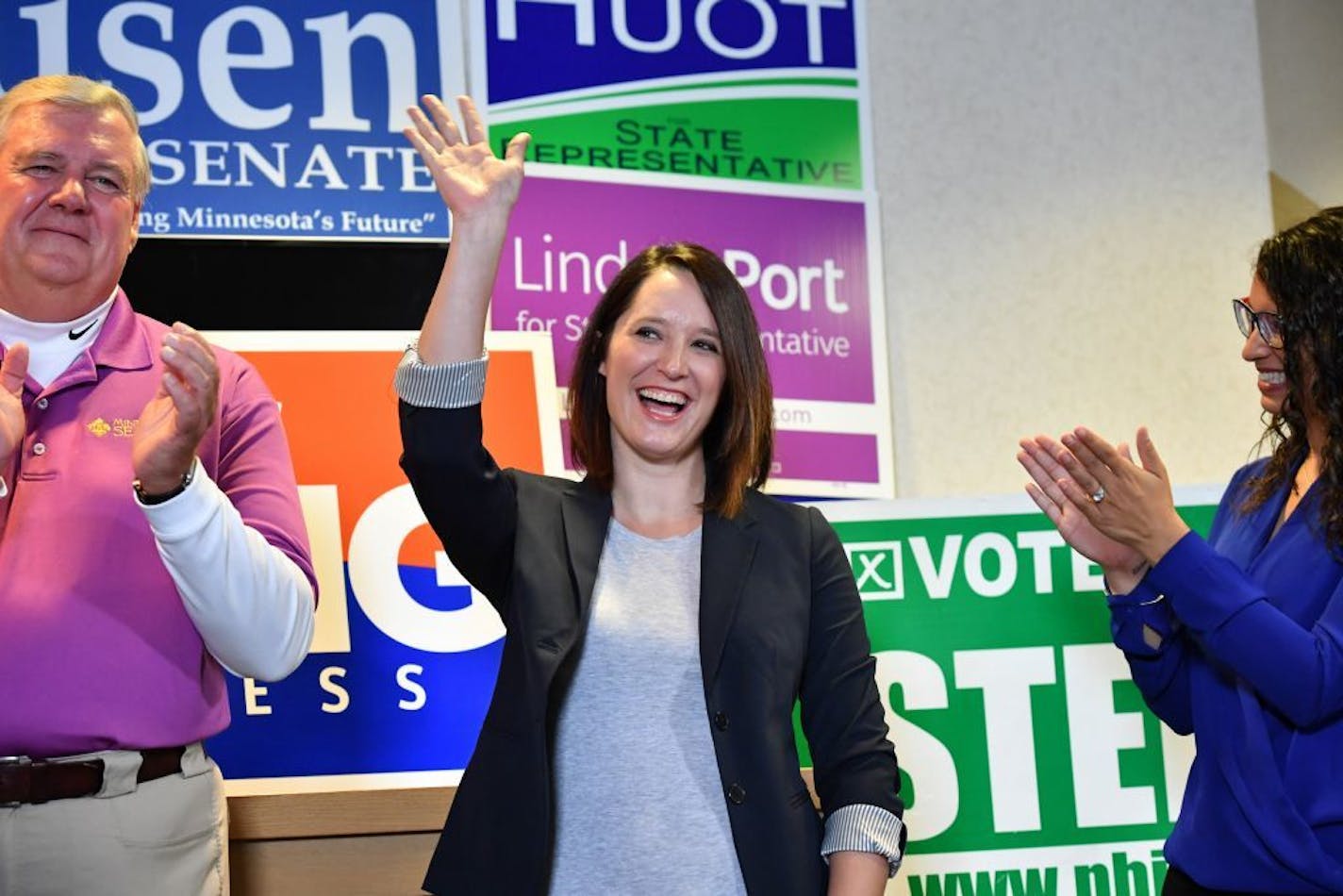 DFL candidates Sen. Greg Clausen and Lindsey Port running for State Representative in 56B, covering parts of Burnsville and Lakeville, left and Erin Maye Quade, running for Minnesota State Representative District 57A, Apple Valley.