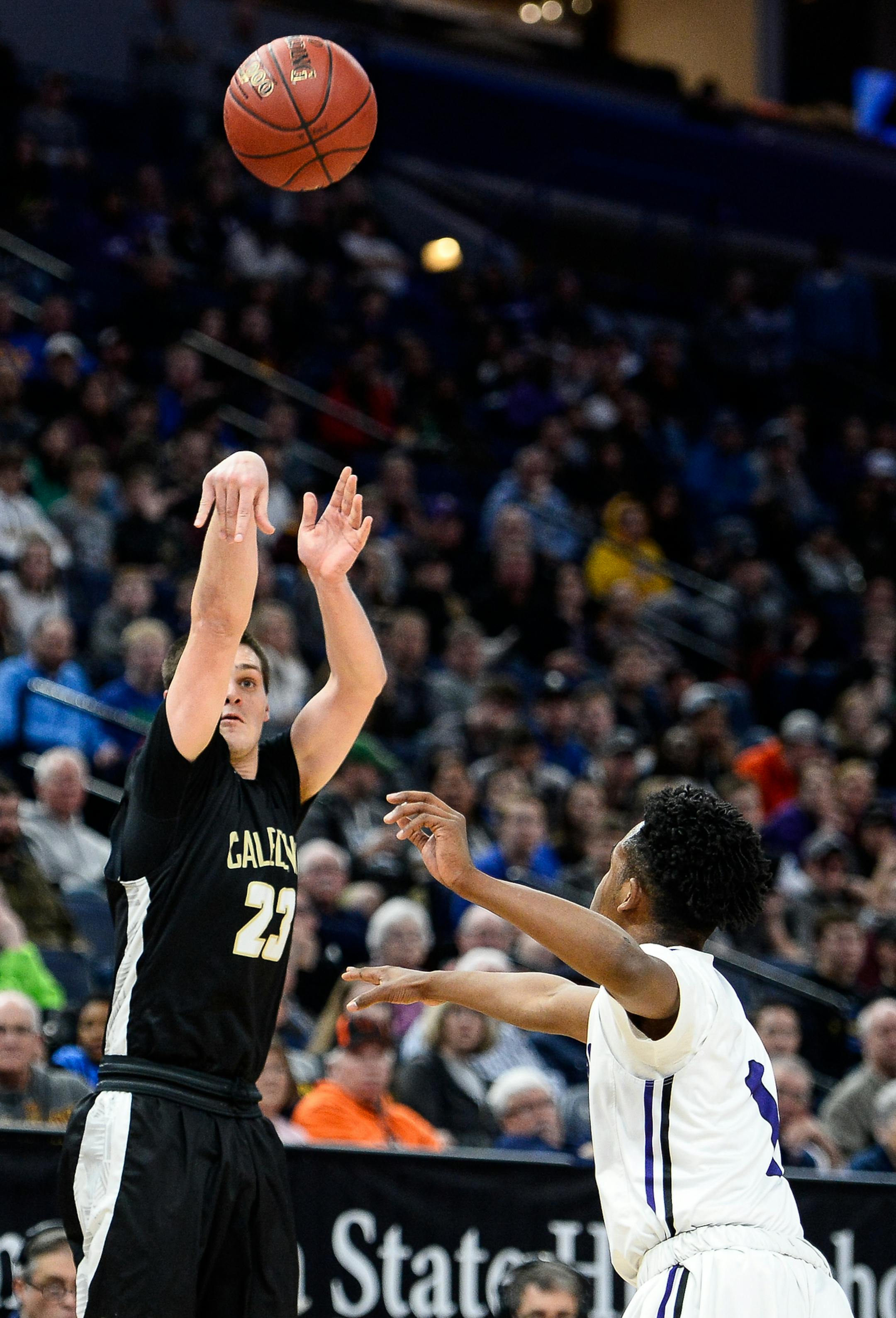Caledonia guard Owen King (23) hit a 3-pointer in the second half against Brooklyn Center. ] AARON LAVINSKY ï aaron.lavinsky@startribune.com Caledonia played Brooklyn Center in a Class 2A boy's semifinal game on Friday, March 23, 2018 at Target Center in Minneapolis, Minn.
