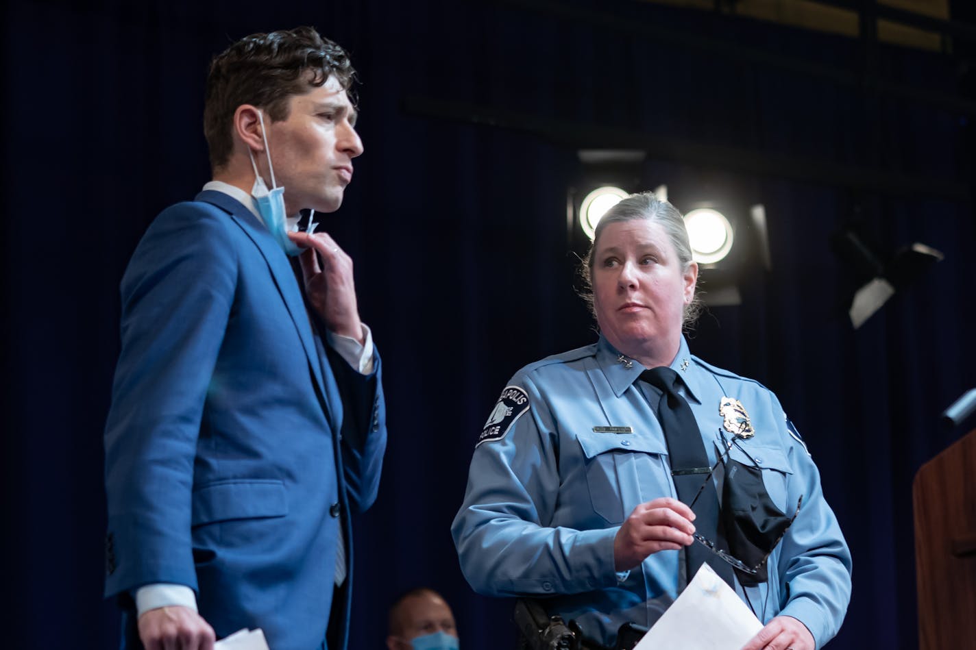 Minneapolis Deputy Chief Amelia Huffman and Mayor Jacob Frey speak about the city's violent crime response, Thursday, Dec. 16, 2021, Shiloh Temple, Minneapolis, Minn. ] GLEN STUBBE • glen.stubbe@startribune.com