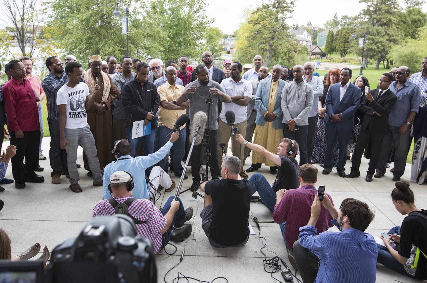 St. Cloud community activist Hassan Yusef speaks during a press conference. ] (Leila Navidi/Star Tribune) leila.navidi@startribune.com BACKGROUND INFORMATION: Press conference with the response from the Somali community at Lake George in St. Cloud Sunday, September 18, 2016. A man, suspected of being motivated by global terror, stabbed several people late Saturday before an off-duty police officer fatally shot the attacker at the Crossroads Center mall in St. Cloud.