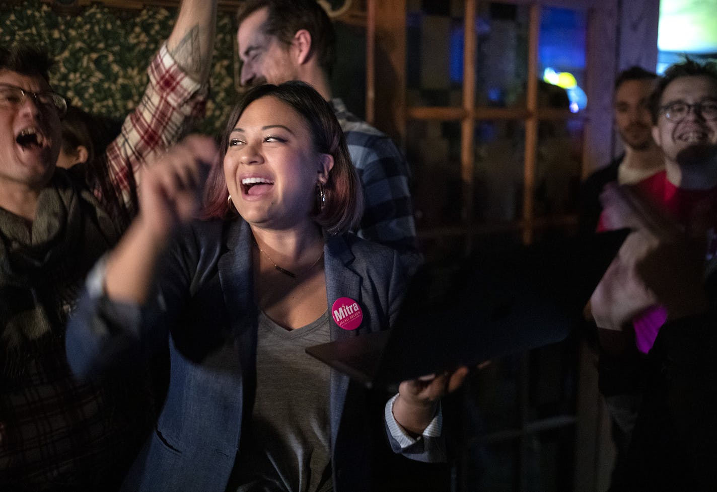 Mitra Jalali Nelson reacted after checking results on the Trash vote at Black Hart of St. Paul. Vote Yes was leading at the time photo was taken. ] CARLOS GONZALEZ &#x2022; cgonzalez@startribune.com &#x2013; St. Paul, MN &#x2013; November 5, 2019, St. Paul Vote Yes gathering (trash vote) will be at Black Hart of St. Paul