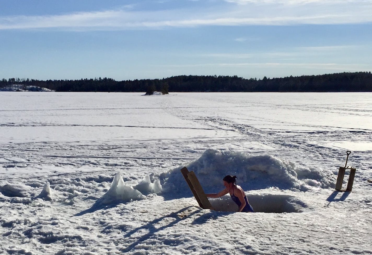 A winter tradition at Camp du Nord in Ely, Minn., involves avantouinti -- the Finnish word for "ice hole swimming." After sitting in a 200-degree log cabin sauna, visitors can cross the frozen lake and jump in the shallow hole in the ice.