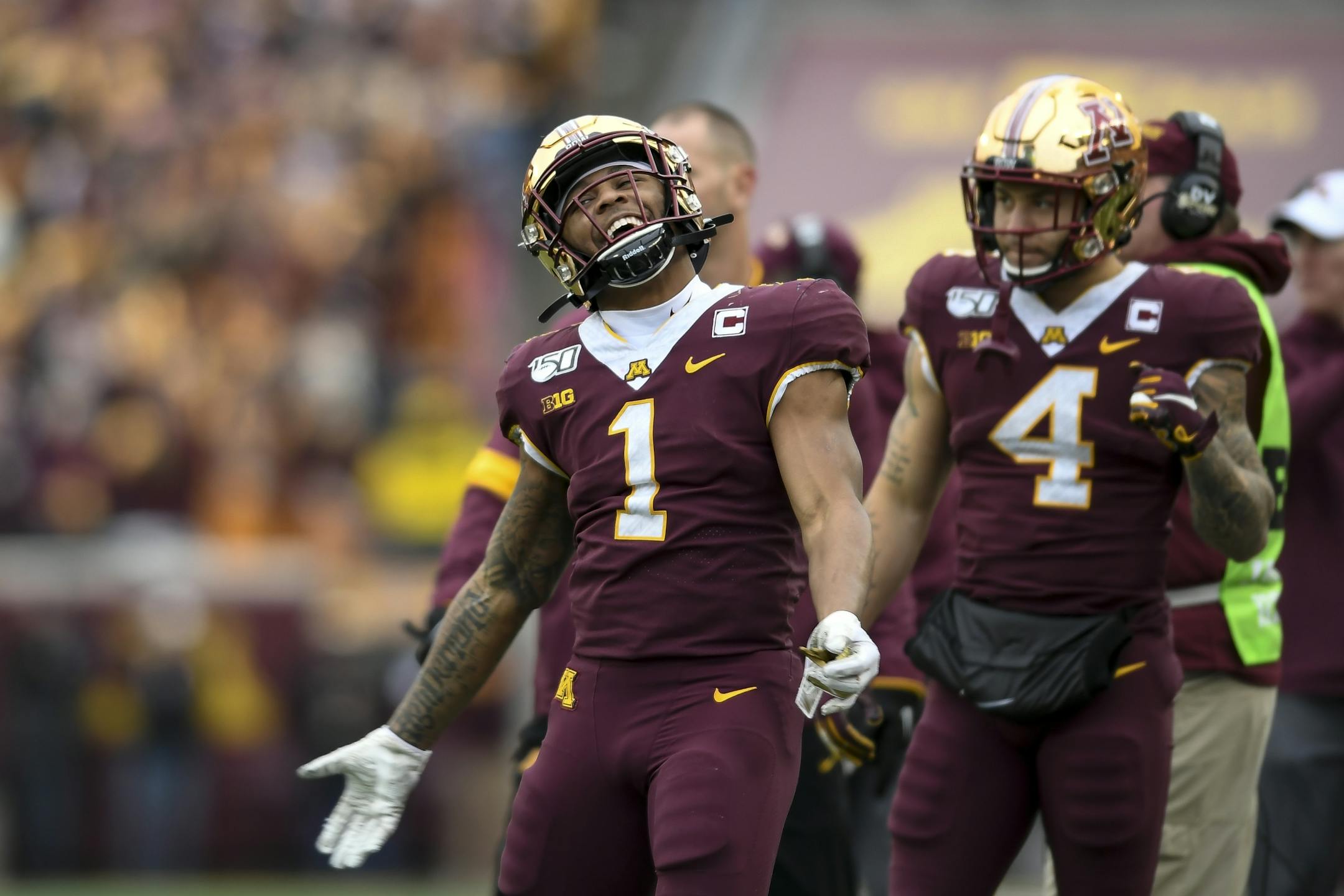 Minnesota Gophers running back Rodney Smith (1) was jubilant on the sideline during the second half.