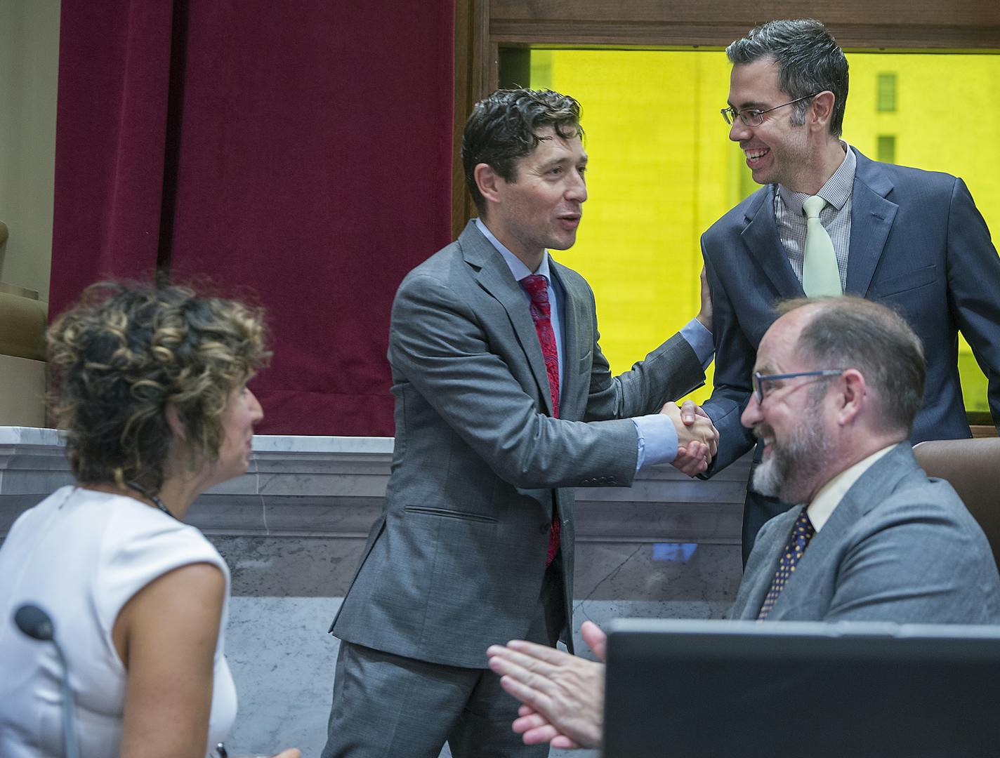 Minneapolis Mayor Jacob Frey greeted city council members after he gave his first budget address at Minneapolis City Hall, Wednesday, August 15, 2018 in Minneapolis, MN. ] ELIZABETH FLORES &#xef; liz.flores@startribune.com