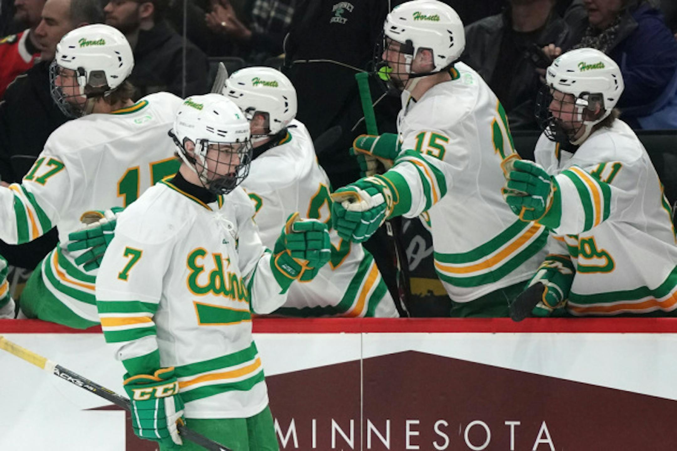 Edina forward Liam Malmquist (7) celebrated with his teammates after scoring in the first period. ] ANTHONY SOUFFLE • anthony.souffle@startribune.com