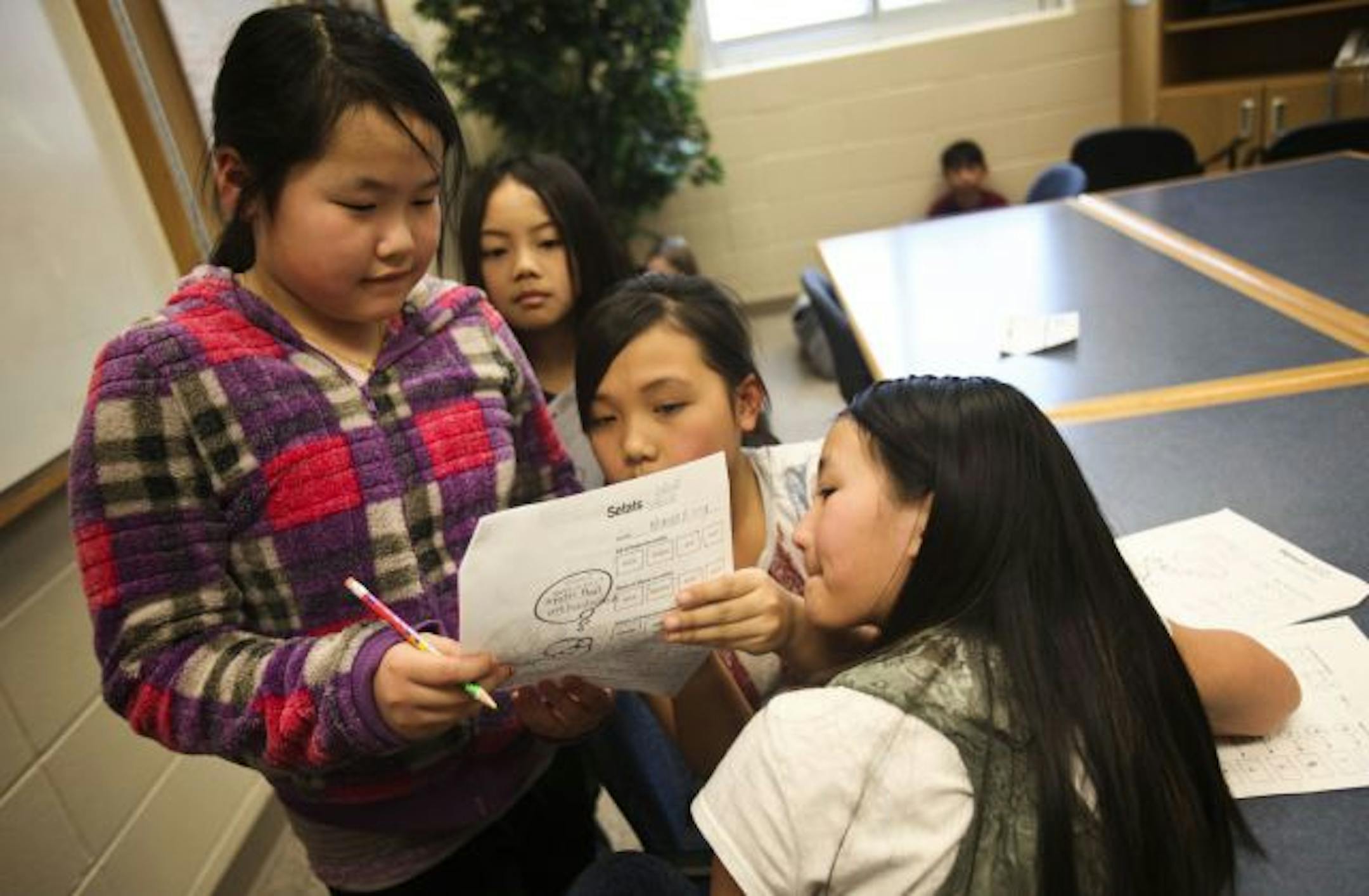 Fourth graders from left Manee Xiong,Treazmae Her, Nalee Xiong, and Jaiar Thao go over their worksheet together during the Young Scholars Program at Richardson Elementary School.