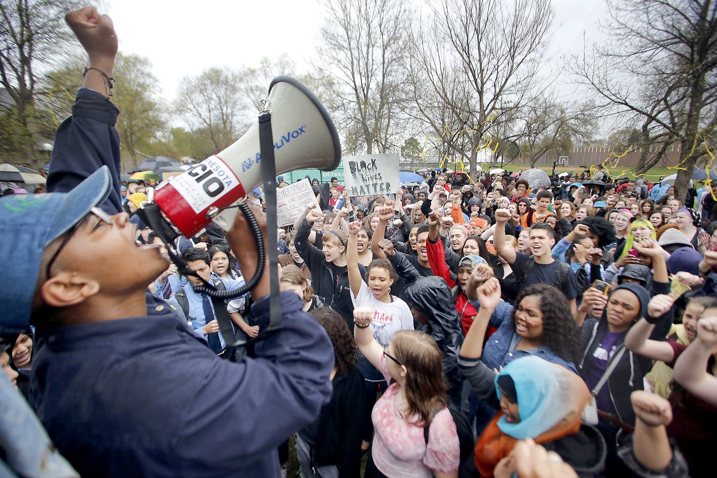 Khalil Hampton, a student from Eastview High School in Woodbury, led a group of student protestors at Martin Luther King Park, Friday, May 1, 2015 in Minneapolis.