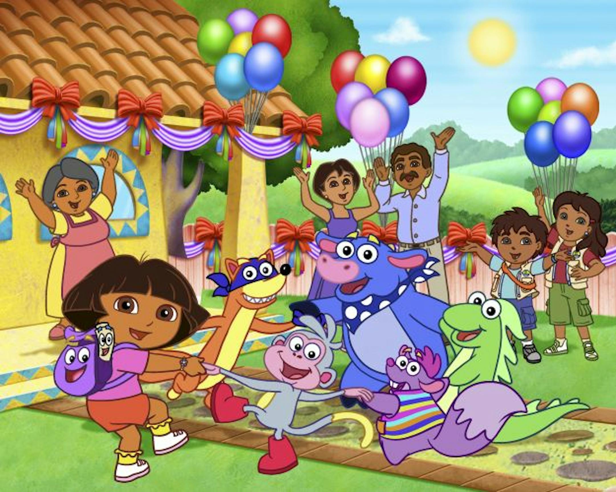 Dora's Big Birthday Adventure Episodic Art_1 Foreground (clockwise): Backpack, Map, Dora, Swiper, Benny, Isa, Tico, Boots. Background (L-R): Abuela, Mami, Papi, Diego, Alicia. Photo: Nickelodeon �Viacom International Inc. All Rights Reserved.