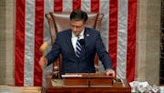This image from House Television shows House Speaker Mike Johnson of La., banging the gavel Tuesday after he announced the House voted to impeach Home
