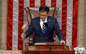 This image from House Television shows House Speaker Mike Johnson of La., banging the gavel Tuesday after he announced the House voted to impeach Home
