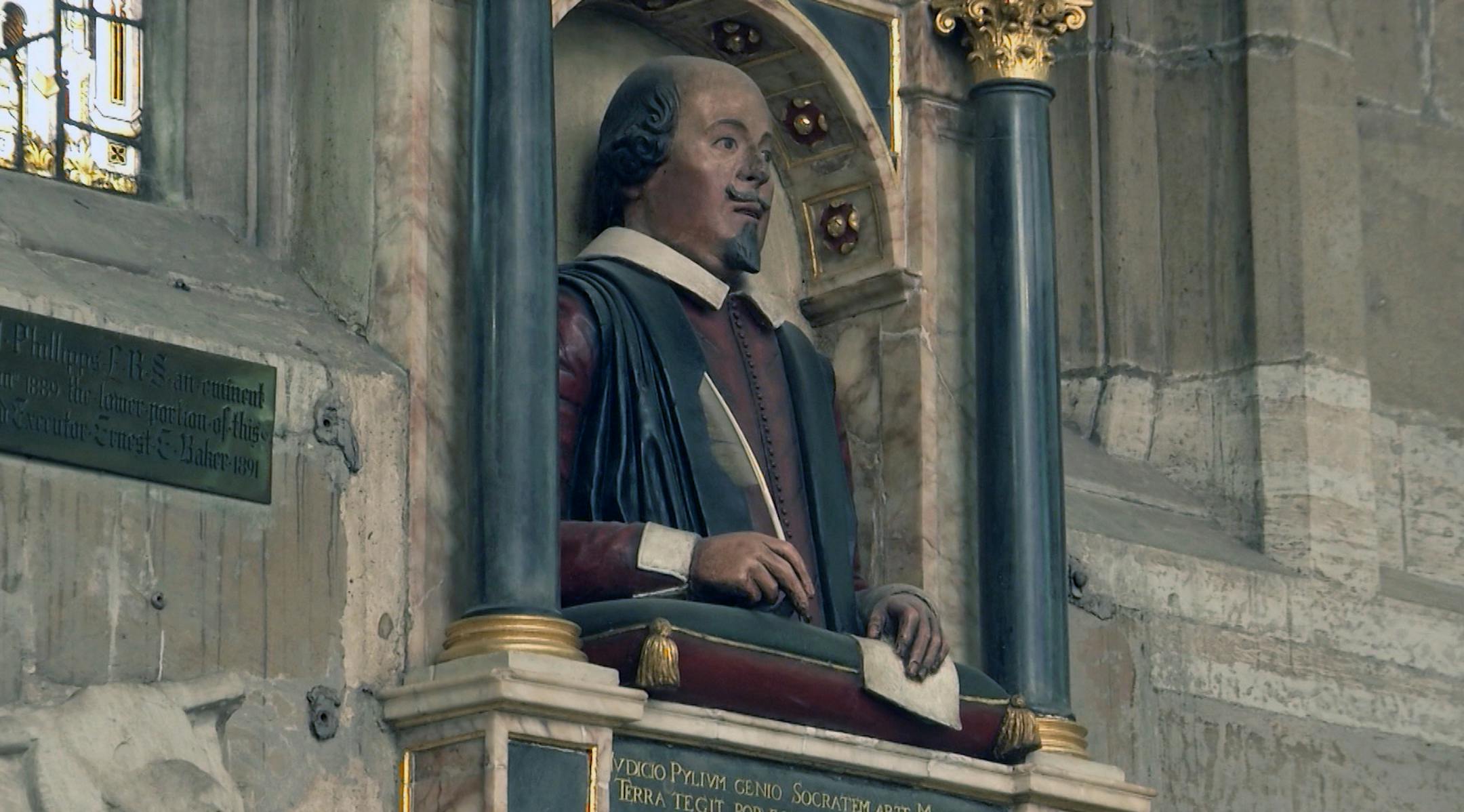 This April 12, 2016 photos shows a bust of William Shakespeare which sits above the famous British playwright's grave at Holy Trinity Church in Stratford-upon-Avon, England. 400 years after his death, Shakespeare's fame continues to take Stratford-upon-Avon to new heights. (AP Photo/James Brooks) ORG XMIT: MIN2016042610502526