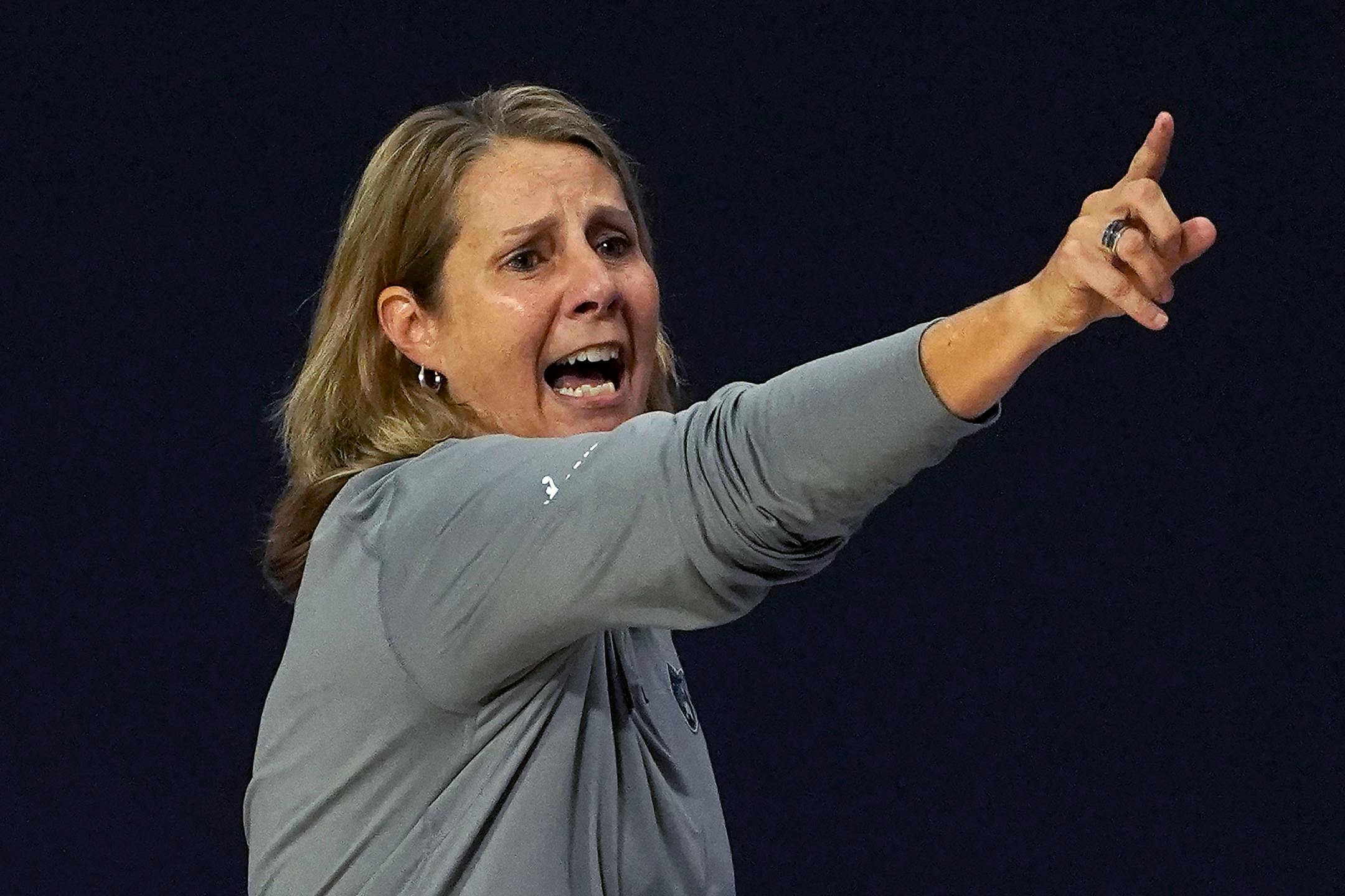Minnesota Lynx head coach Cheryl Reeve gestures to her team during the first half of a WNBA playoff basketball game against the Phoenix Mercury Thursday, Sept. 17, 2020, in Bradenton, Fla. (AP Photo/Chris O'Meara)
