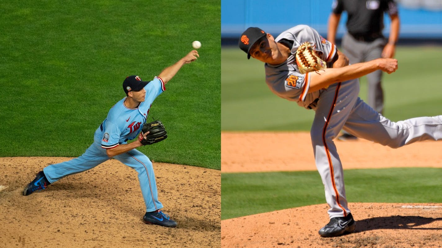 They're twins, but only one of them plays for the Twins. Taylor Rogers (left) closes for the Twins, while Tyler Rogers is a rookie sidearmer in the Giants bullpen.