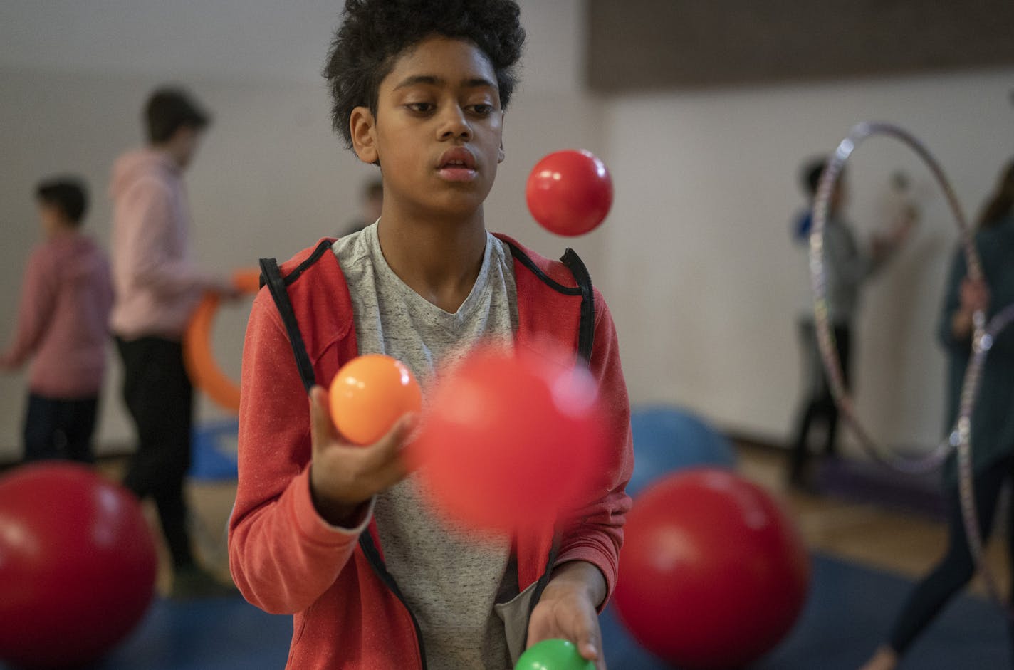 Makai Bettaglio juggled as he practiced circus routines at the City of Lakes Waldorf School, which was in session on Thursday.