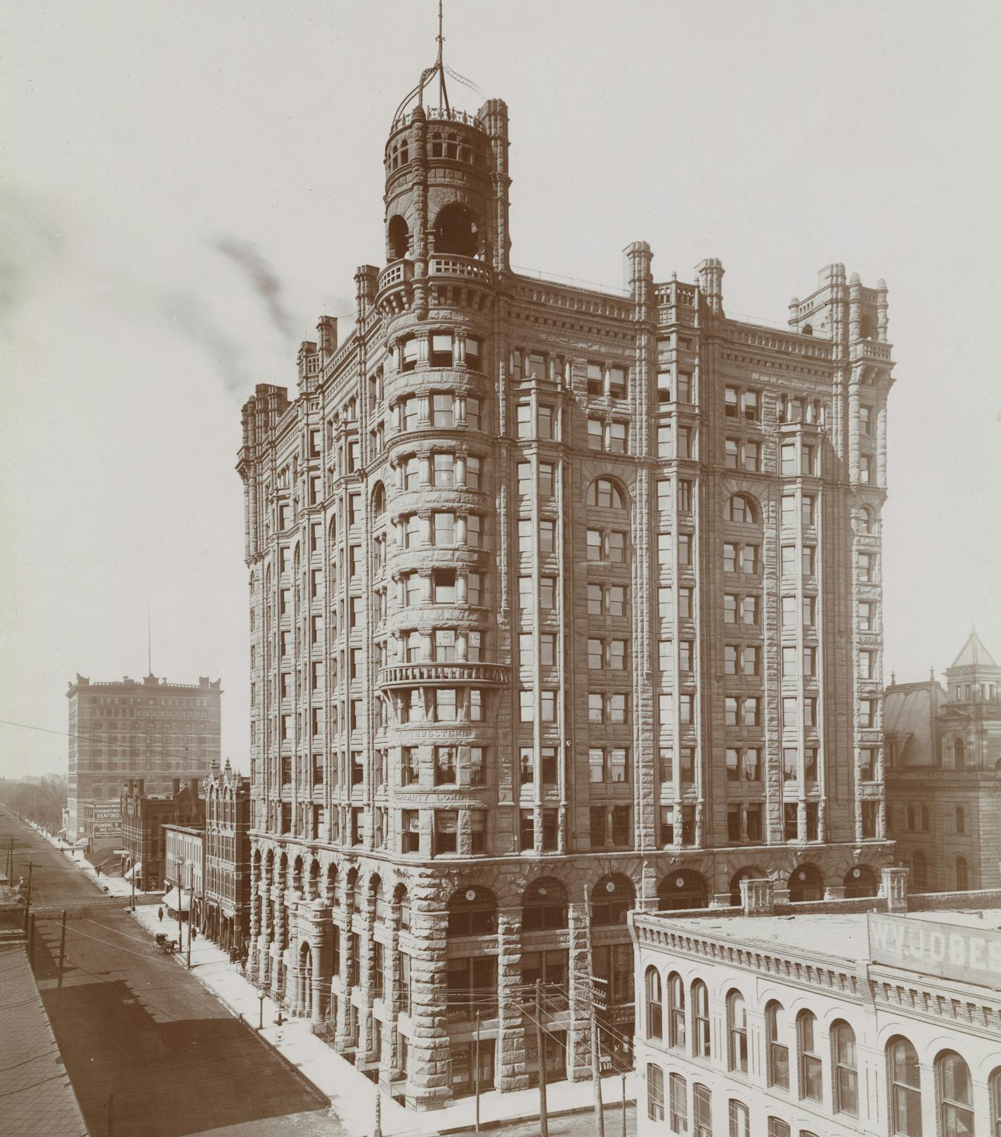 Guaranty Loan Building, circa 1900. This early photograph was taken from the top floor or roof of Harmonia Hall, a four-story building that stood kitty-corner for the Guaranty Loan at Third Street and Second Avenue South. Photo courtesy of the Minnesota Historical Society. ORG XMIT: Documentation