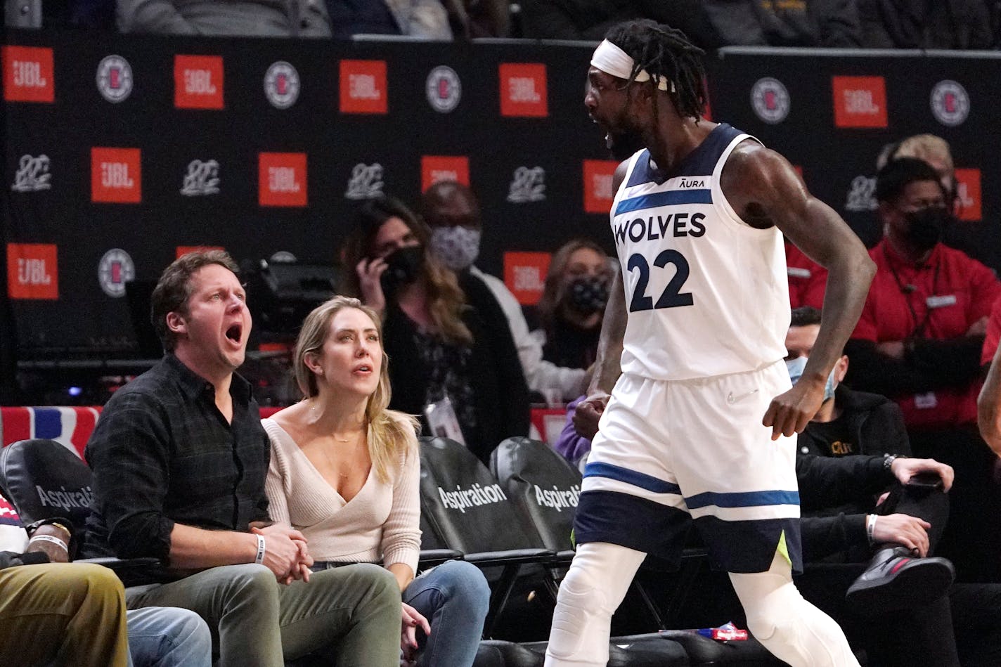 Minnesota Timberwolves guard Patrick Beverley celebrates after scoring during the second half of an NBA basketball game against the Los Angeles Clippers Monday, Jan. 3, 2022, in Los Angeles. (AP Photo/Mark J. Terrill)