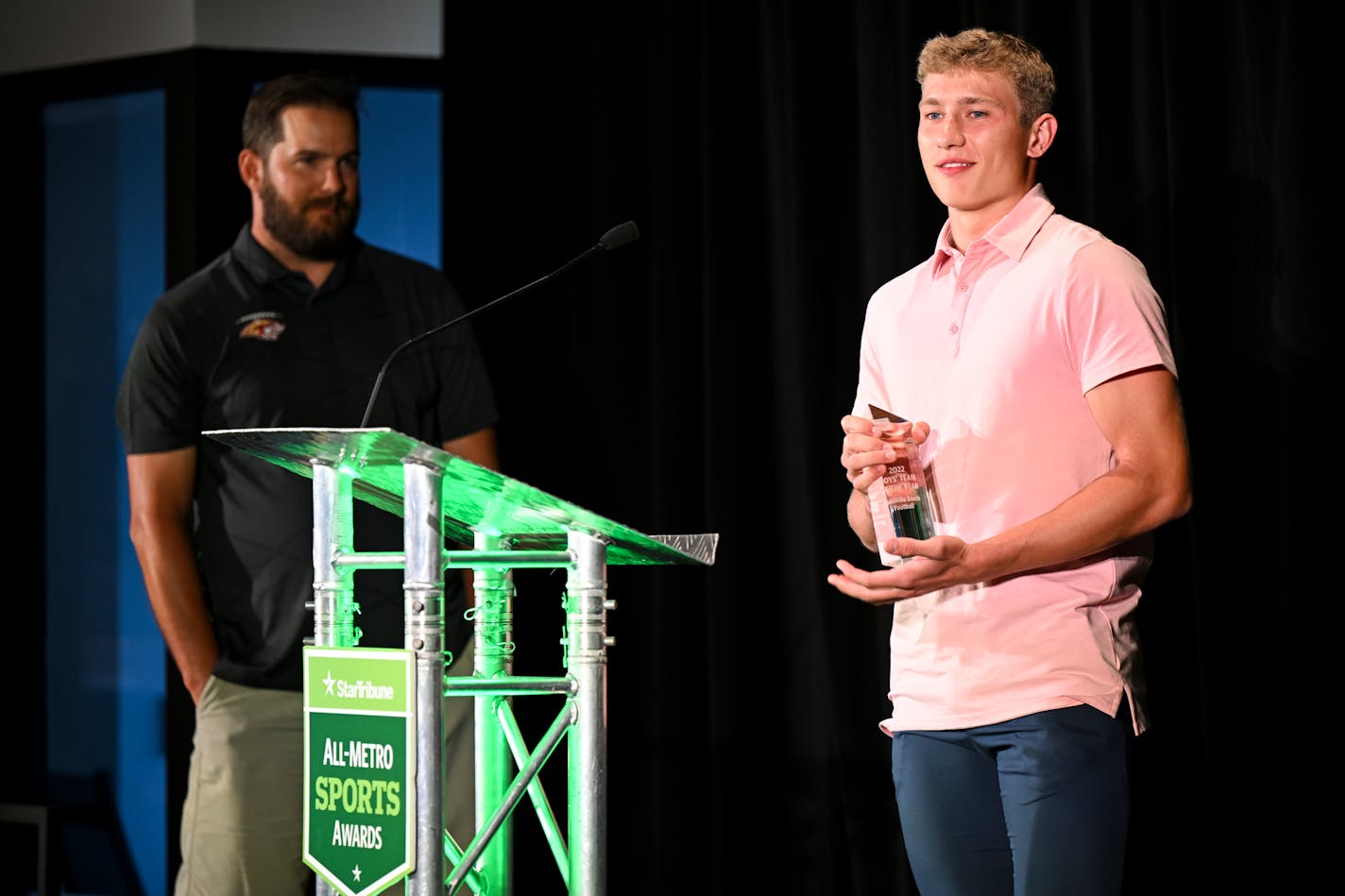 Camden Dean accepts the Boys Team of the Year Award for Lakeville South during the Star Tribune's All-Metro Sports Awards gala Wednesday, July 27, 2022 at Allianz Field in St. Paul, Minn.] aaron.lavinsky@startribune.com