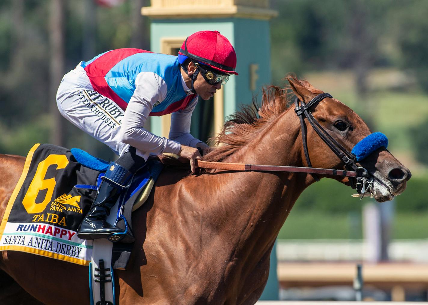 In a photo provided by Benoit Photo, Taiba and jockey Mike Smith win the Grade I, $750,000 Santa Anita Derby, Saturday, April 9, 2022 at Santa Anita Park in Arcadia, Calif. (Benoit Photo via AP)