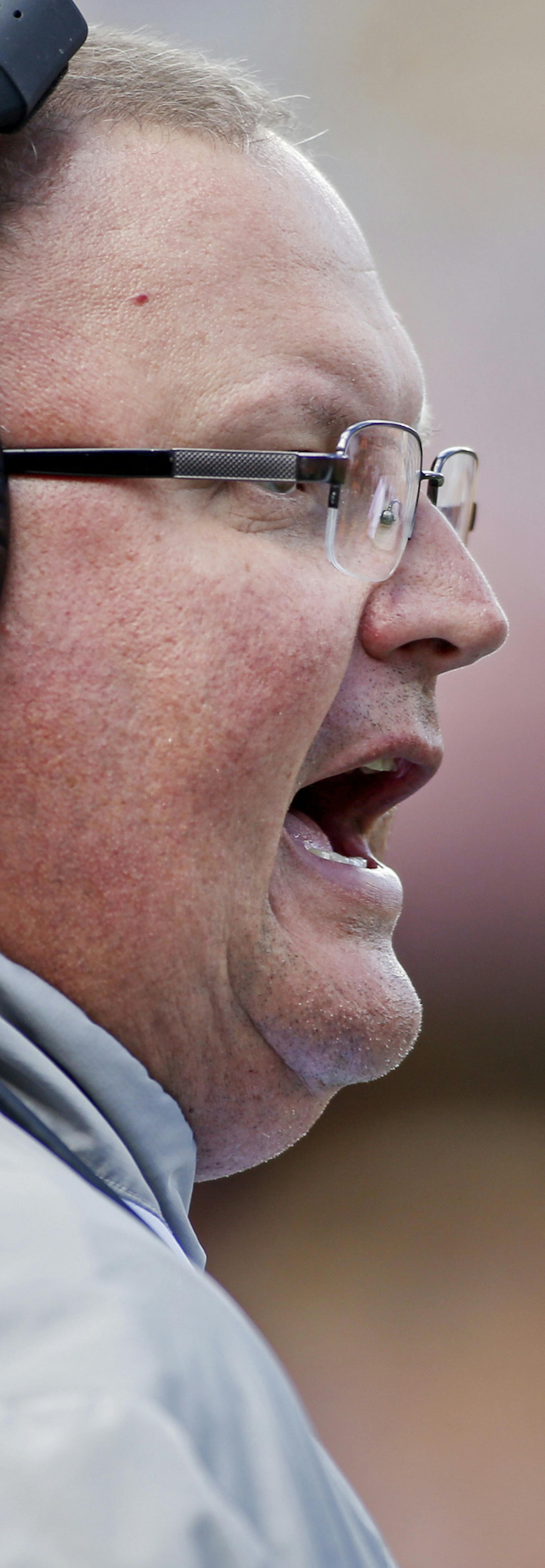 Minnesota head coach Tracy Claeys encourages his team as they play Indiana State in an NCAA college football game Saturday, Sept. 10, 2016, in Minneapolis. Minnesota won 58-28. (AP Photo/Bruce Kluckhohn) ORG XMIT: MNBK115
