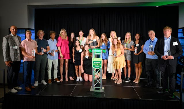 Many of the 2022 All-Metro Sports Awards honorees gathered on stage at the end of last summer’s event at Allianz Field.