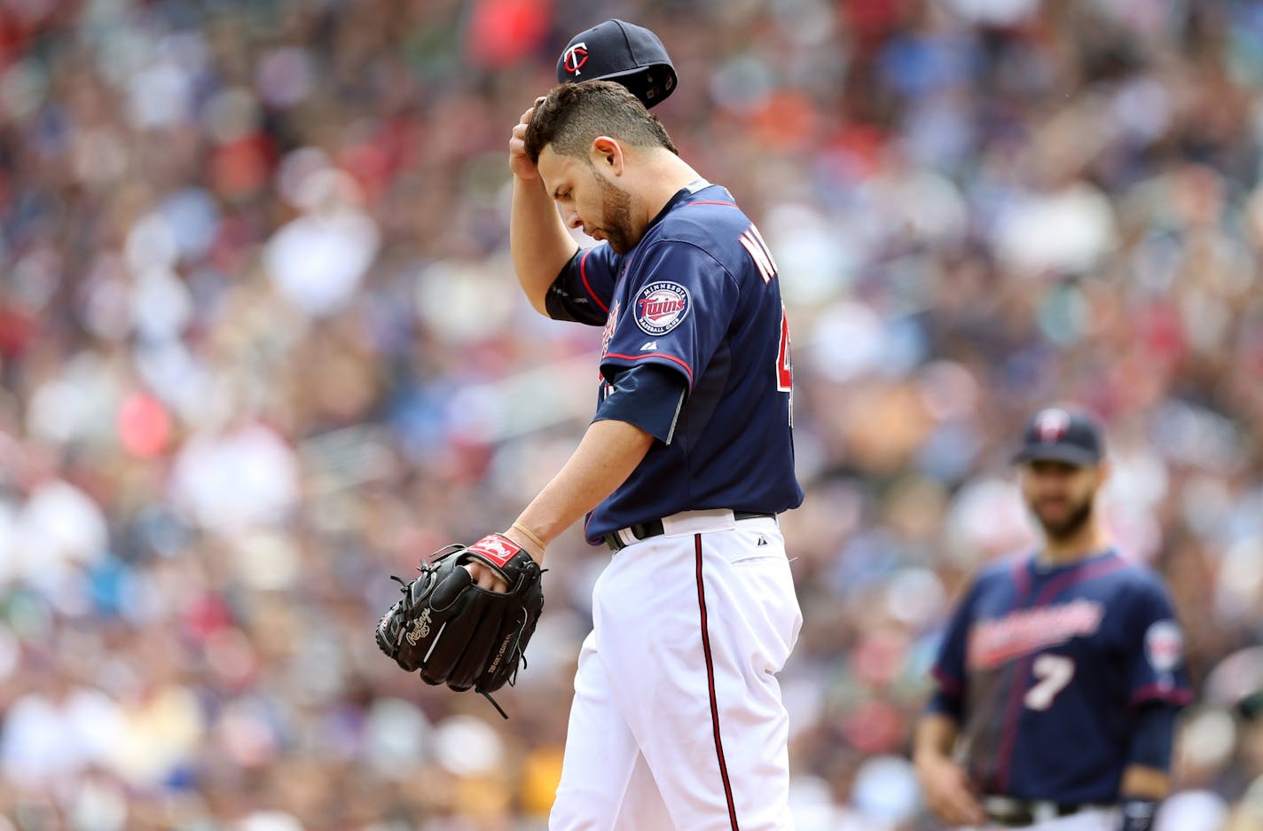 Twins starting pitcher Ricky Nolasco left the game in the second inning at Target Field Sunday May 31, 2015 in Minneapolis, MN.