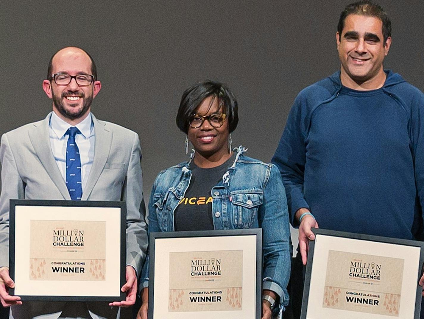 Dr. Andres Acosta (left) of Phenomex Sciences; co-founder Shawntera Hardy of Civic Eagle and Chaitenya Razdan of Care+ Wear won an aggregate $1.2 million for their companies as the winners among 10 finalists in Meda's Million Dollar Challenge for minority entrepreneurs.