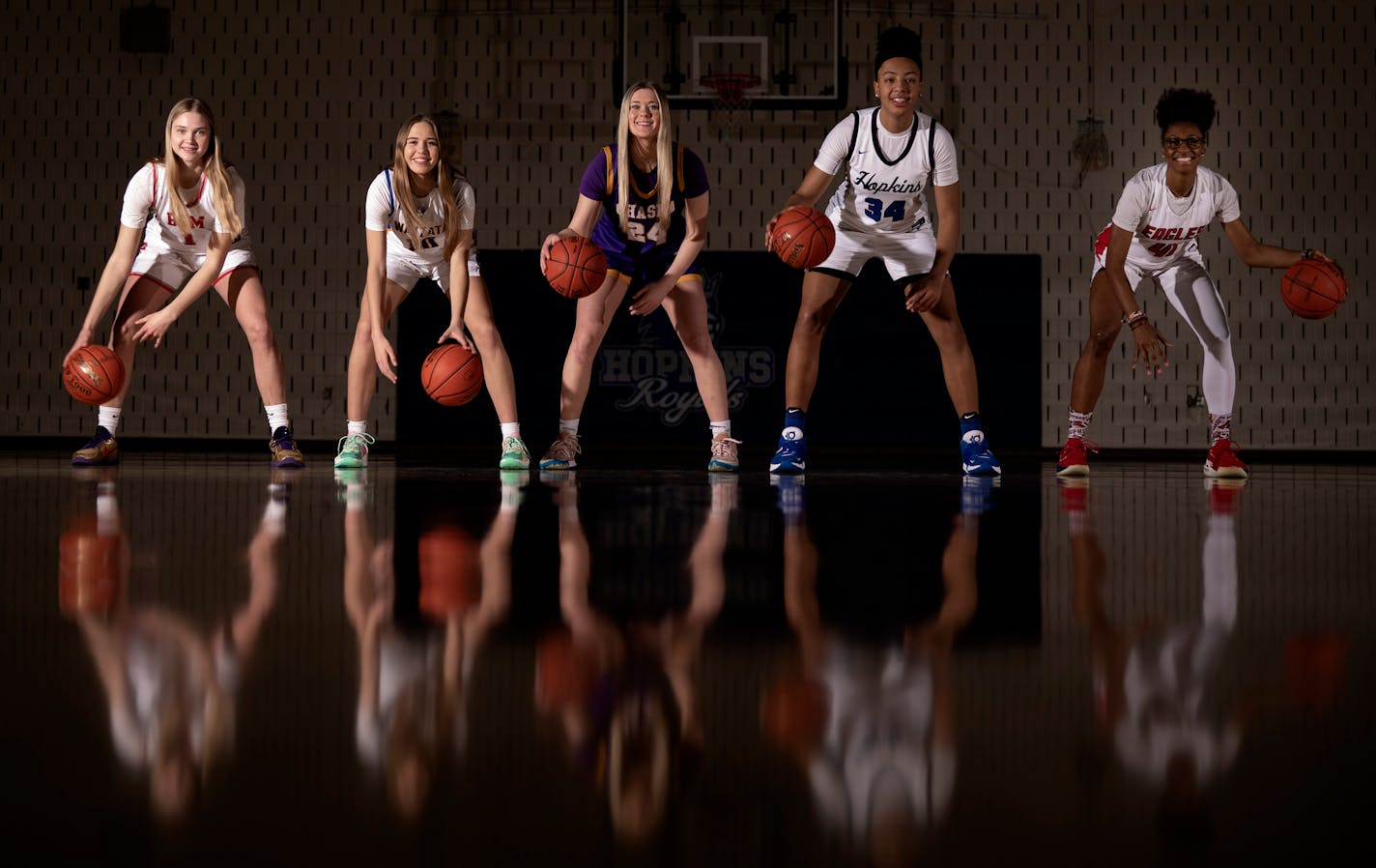 Olivia Olson, left of Benilde St. Margaret left Mara Braun, Wayzata , Mallory Heyer Chaska Metro Player of the Year, Maya Nnaji Hopkins and Nia Holloway Eden Prairie in at Hopkins High school in Minnetonka, Minn., on Sunday, March 6, 2022.