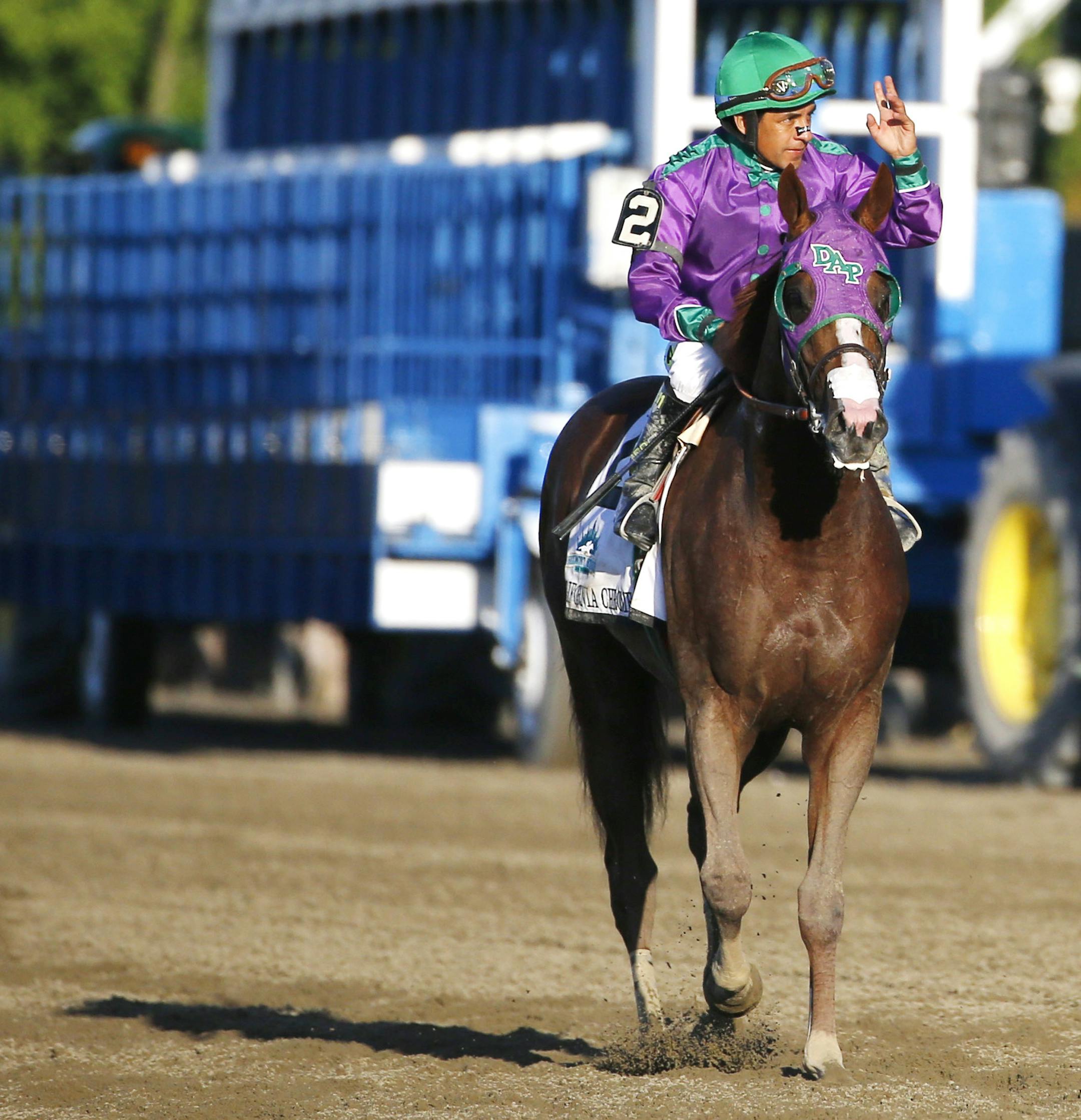 Victor Espinoza waves as he rides California Chrome after finishing fourth in the Belmont Stakes horse race, Saturday, June 7, 2014, in Elmont, N.Y. (AP Photo/Matt Slocum)