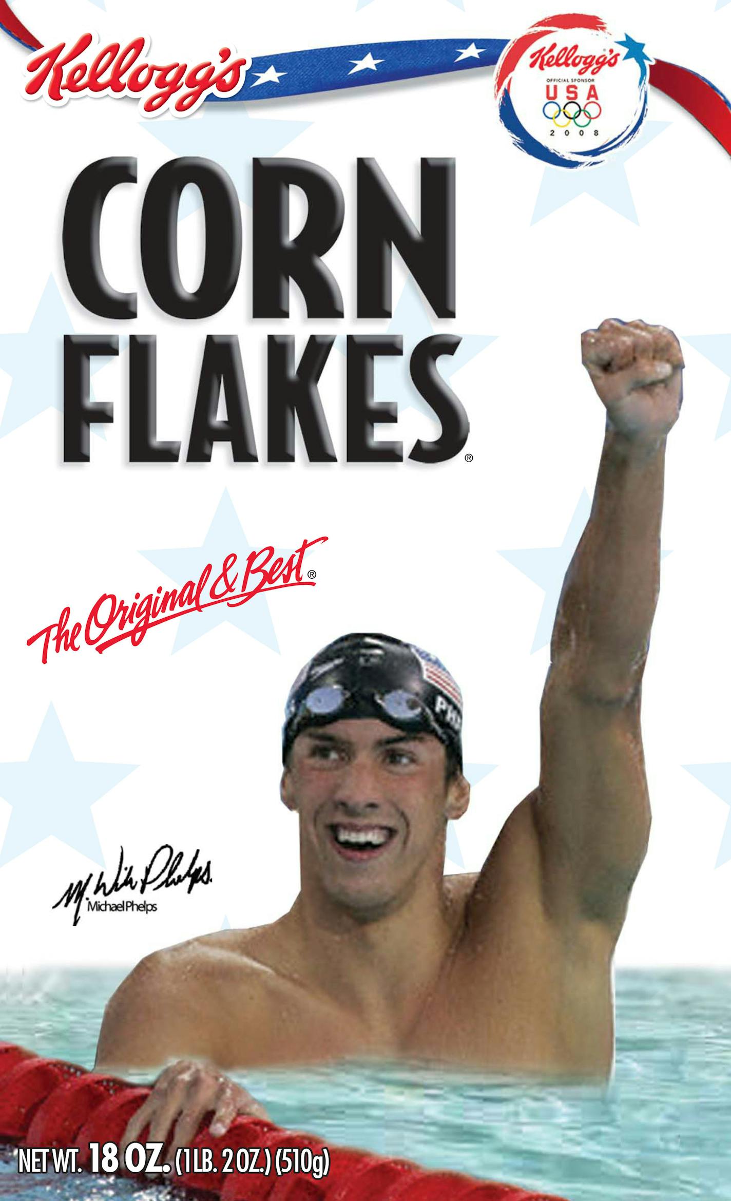 In this image provided Kellogg Co., a prototype of a box of Kellogg's Corn Flakes with U.S. swimming star Michael Phelps is seen. The record-setting swimmer will soon be appearing on boxes of Kellogg's Frosted Flakes and Corn Flakes. The winner of eight gold medals at the Beijing Olympics will be featured cereal boxes expected to be in stores by mid-September.