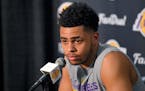 Los Angeles Lakers guard D'Angelo Russell speaks to the media prior to an NBA basketball game against the Miami Heat, Wednesday, March 30, 2016, in Lo