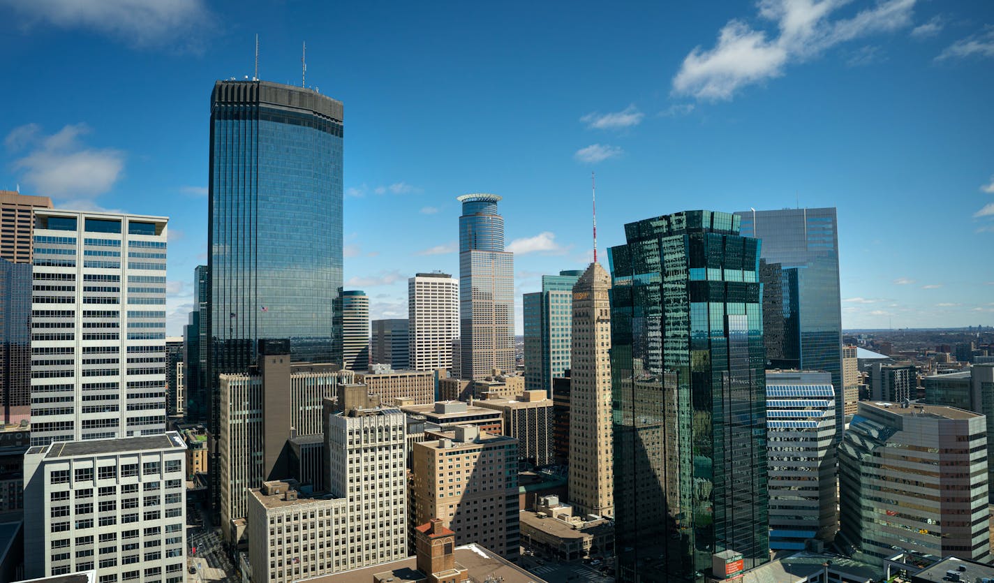 Minneapolis skyline including IDS Center, Capella Tower, Ameriprise, Foshay Tower, AT&amp;T Tower, Friday, April 15, 2022, Minneapolis, ] GLEN STUBBE • glen.stubbe@startribune.com