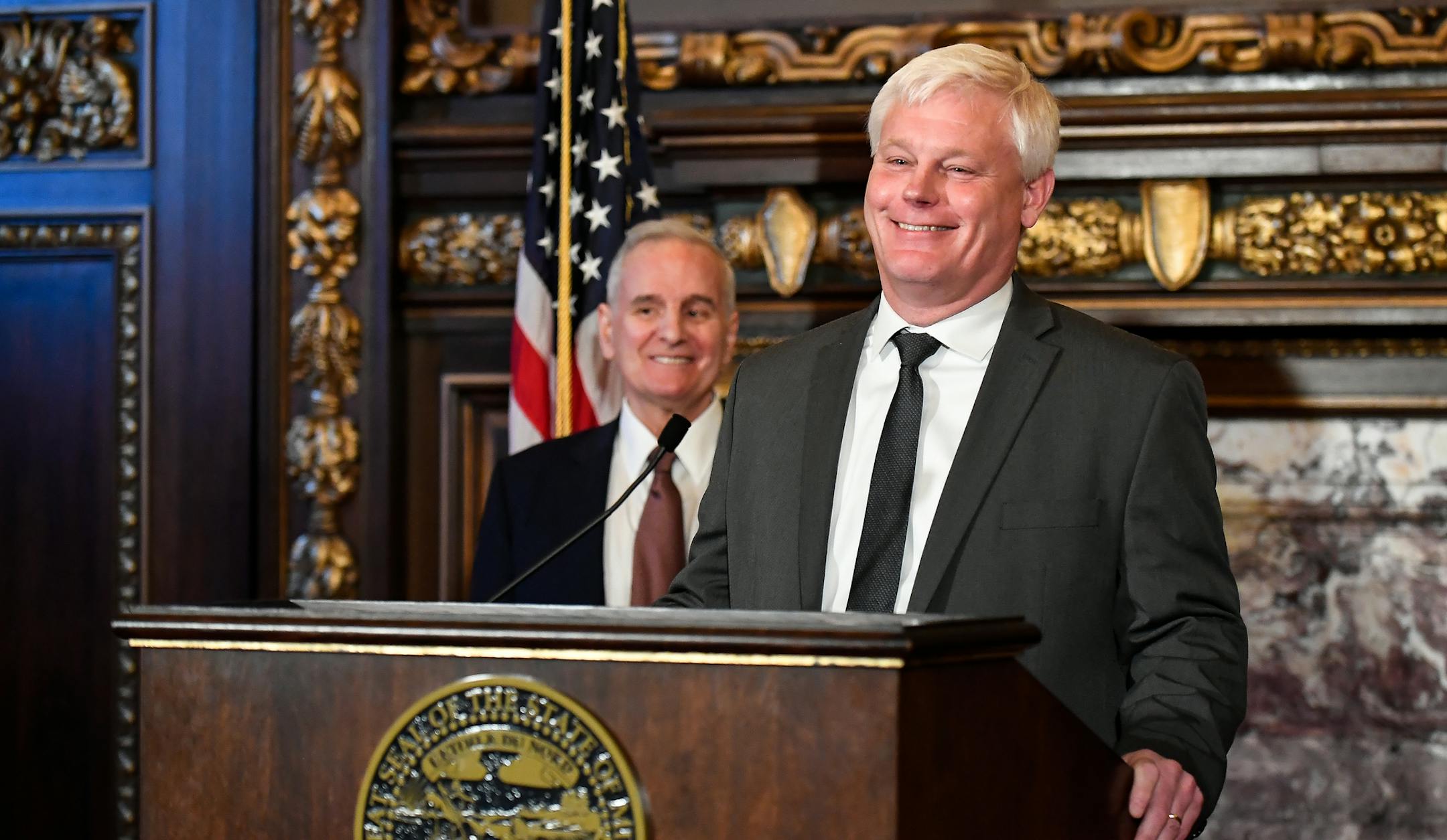 Rep. Paul Thissen laughed as he addressed attendees of Tuesday's press conference in which Thissen was introduced as Minnesota's new Supreme Court Justice. ] AARON LAVINSKY ï aaron.lavinsky@startribune.com Gov. Mark Dayton appointed Rep. Paul Thissen as a Supreme Court justice to replace David Stras, who now serves on the federal bench. This leaves the seven-member court with five Dayton appointees. Gov. Dayton's office held a press conference on Tuesday, April 17, 2018 at the Minnesota Cap