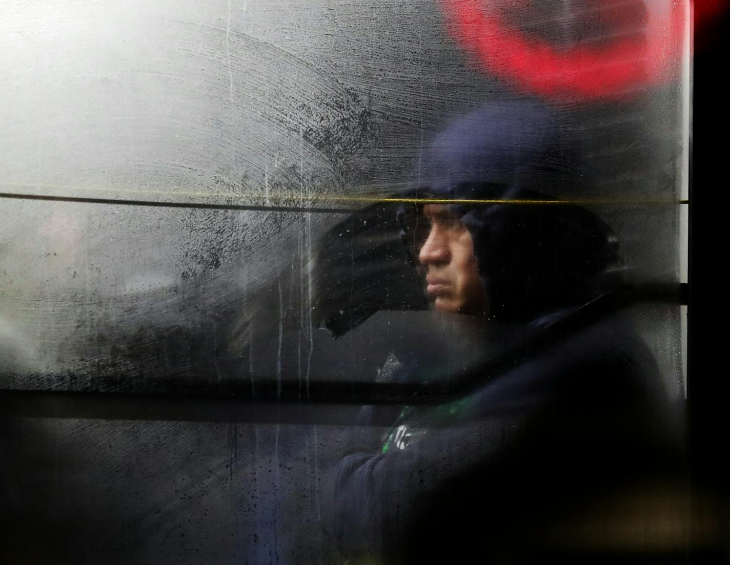 A commuter sat on a frosty bus in downtown Minneapolis near 2nd Ave. and 6th St. S. Thursday, Feb. 1, 2018, in Minneapolis, MN.