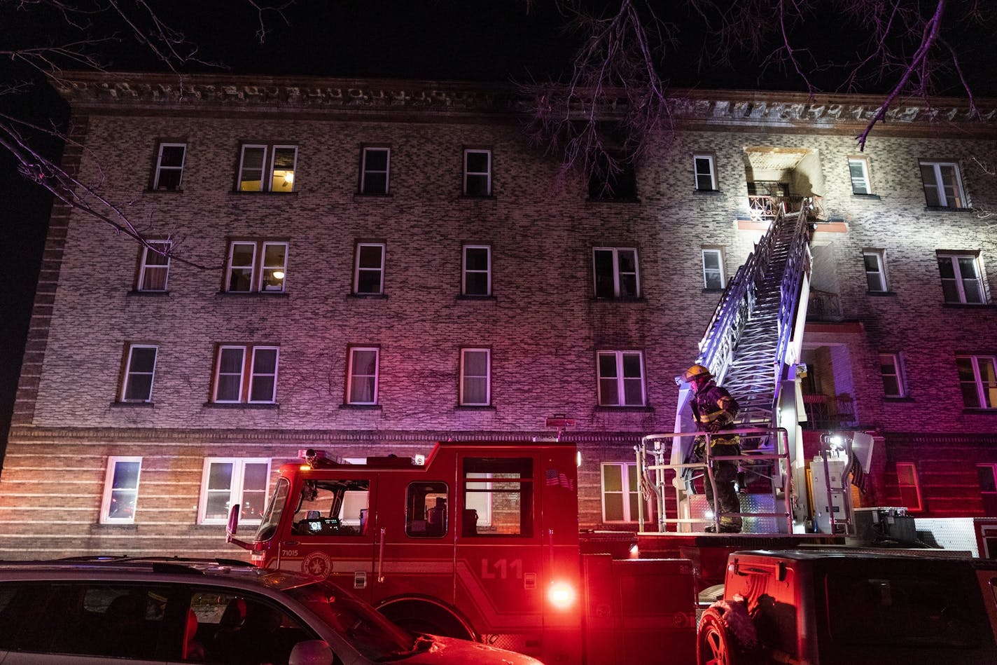 The Minneapolis Fire Department fought a two-alarm blaze at a four-story apartment building in the 300 block of East 19th Street in Minneapolis.