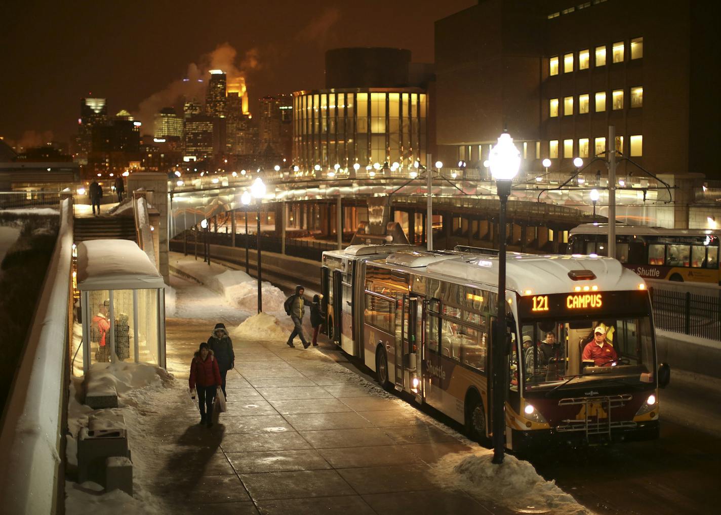 The University of Minnesota announced initiatives to promote safety on and near the Twin Cities campus Monday, January 21, 2014 in the wake of a rash of crime during the fall semester. The Campus Connector will have newly extended hours seven days a week until 2 a.m. A new Weekend Circulator will start service on Friday and serve the East and West Banks until 2 a.m., also. The Campus Circulator stopped in front of Coffman Union Tuesday evening. ] JEFF WHEELER &#x201a;&#xc4;&#xa2; jeff.wheeler@st