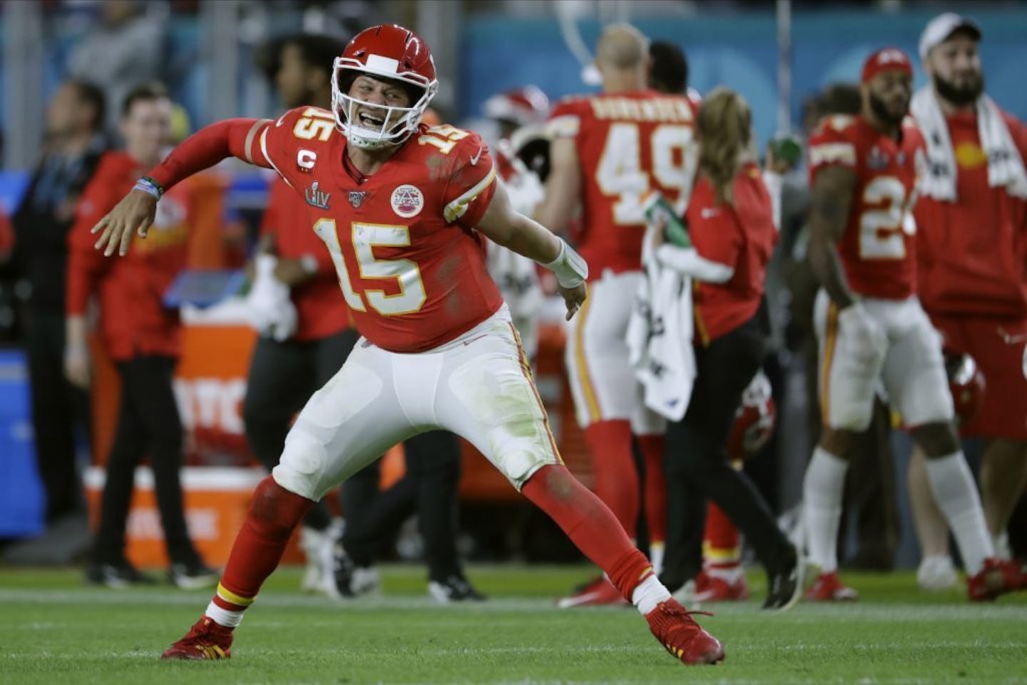 Kansas City Chiefs' quarterback Patrick Mahomes celebrates his touchdown pass to Damien Williams in the the second half of the NFL Super Bowl 54 football game Sunday, Feb. 2, 2020, in Miami Gardens, Fla.