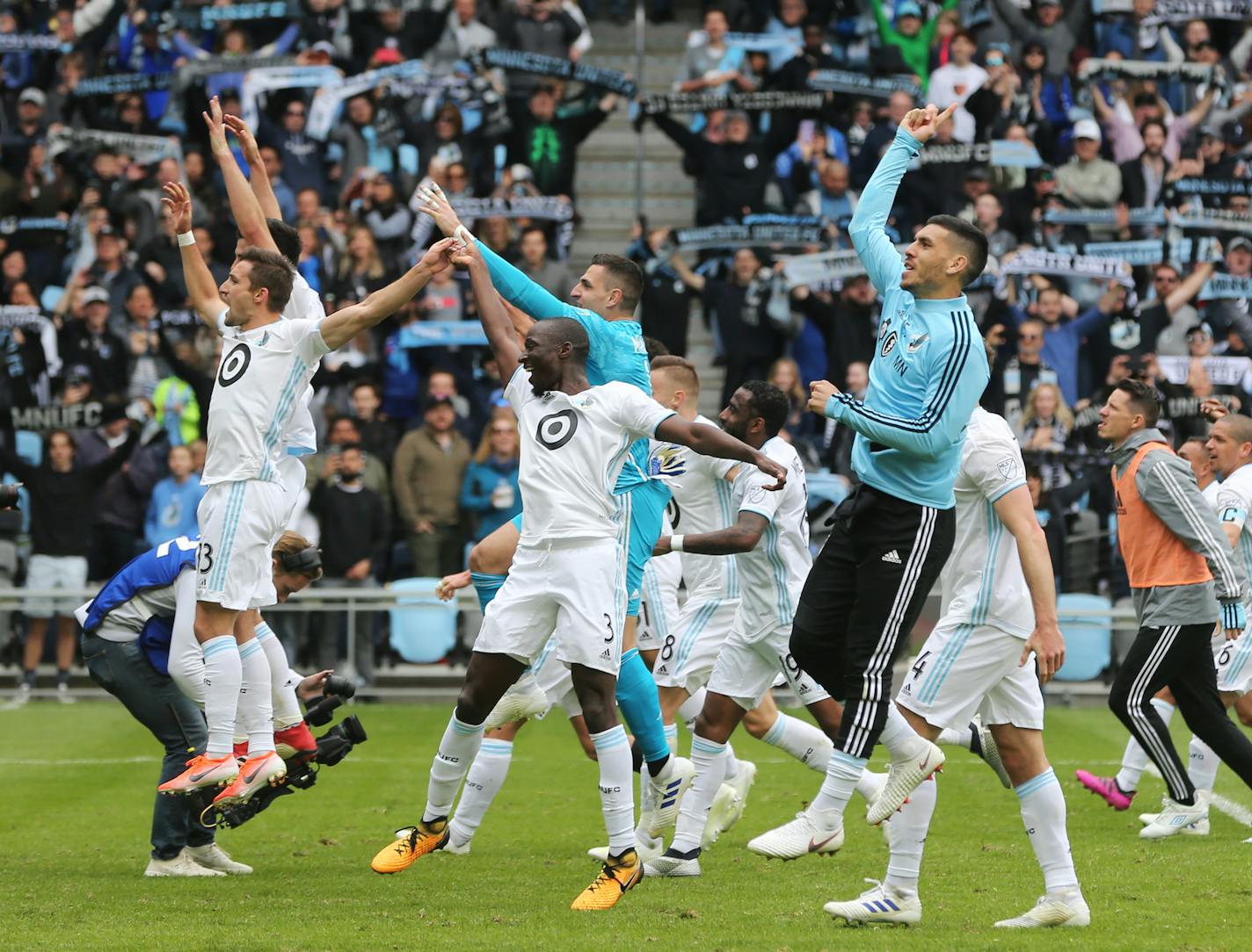 The Loons jump up for "Wonder Wall" by Oasis as they celebrate the team's first home win in the new stadium.] The Loons take on D.C. United at Allianz Field in St. Paul, MN. RICHARD TSONG-TAATARII &#xa5; richard.tsong-taatarii@startribune.com