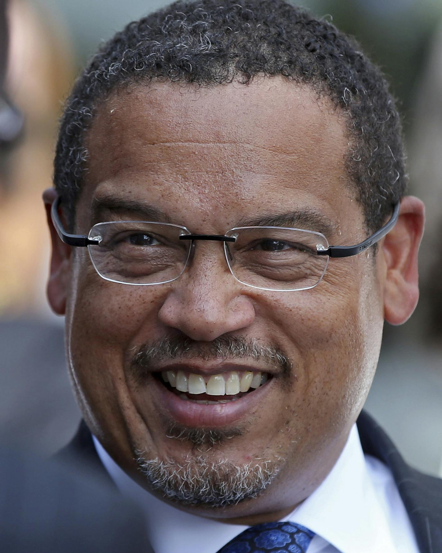 In this Sept. 14, 2018 photo, U.S. Rep. Keith Ellison is shown in Minneapolis. A Minnesota prosecutor says he'll review allegations of domestic abuse against Ellison only if a formal complaint is first investigated by law enforcement. An ex-girlfriend of Ellison, Karen Monahan, alleges the Democratic congressman dragged her off a bed by her feet in 2016. (AP Photo/Jim Mone)