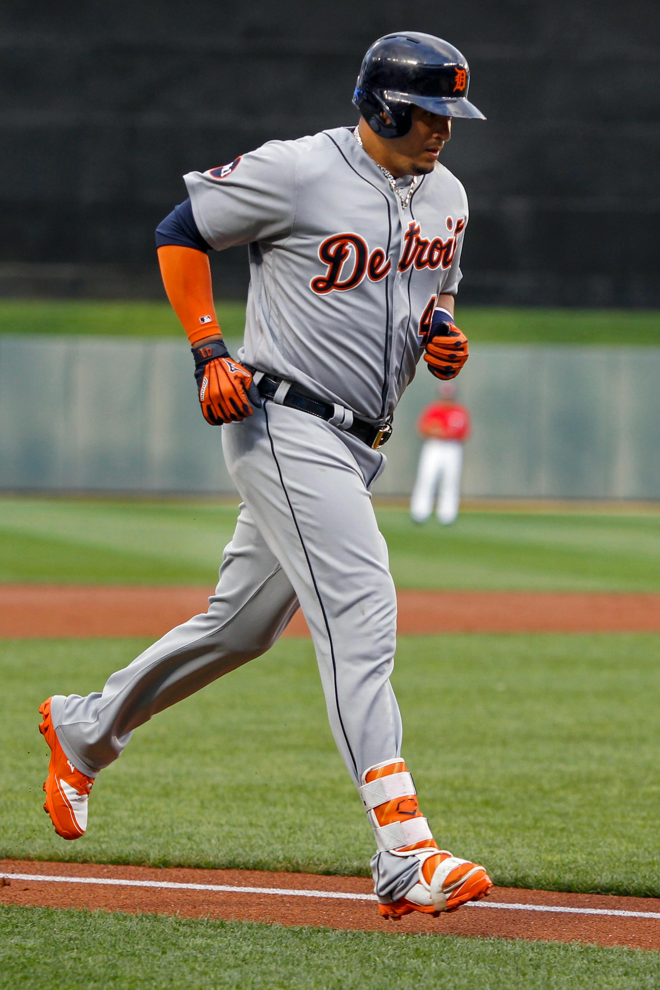 Detroit Tigers' Victor Martinez trots the bases on his home run against the Minnesota Twins in the second inning of a baseball game Friday, July 21, 2017, in Minneapolis. (AP Photo/Bruce Kluckhohn)