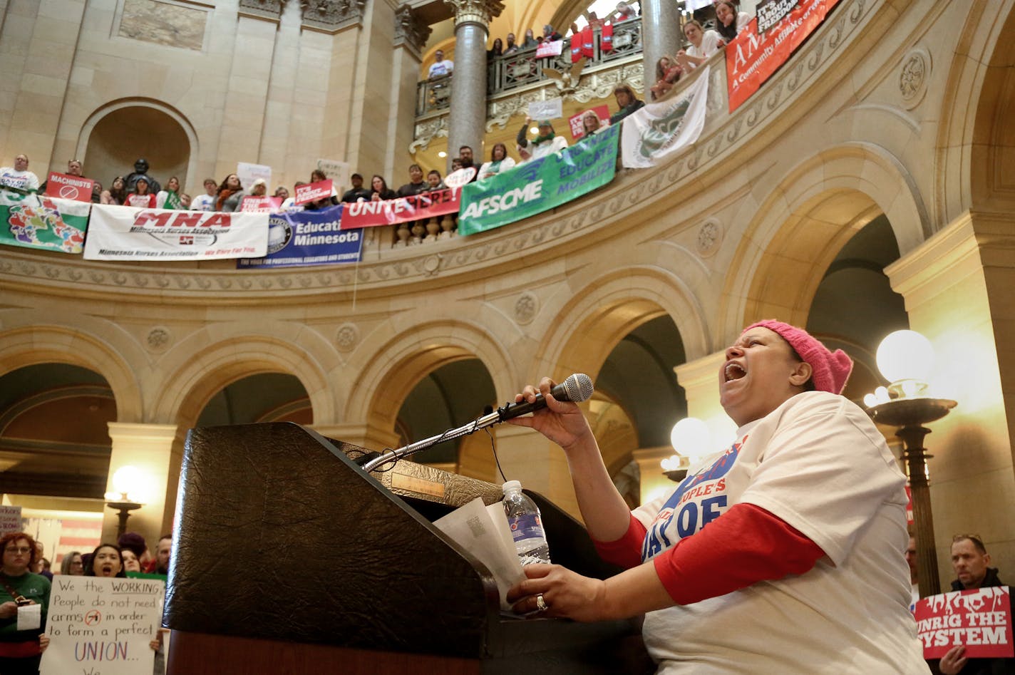 dBilled as A Working People's Day of Action an estimated 1,000 AFSCME and other union members rallied Saturday, Feb. 24, 2018, at the Minnesota State Capitol in St. Paul, MN. The members were primarily advocating for labor interests related to the Janus vs. AFSCME Council 31 case to be heard by the U.S. Supreme Court this coming week. Here, Kerry Jo Felder of the Teamsters 120 got the large crowd fired up with a chant of "Whose house, our house," during the rally.] DAVID JOLES &#xef; david.joles