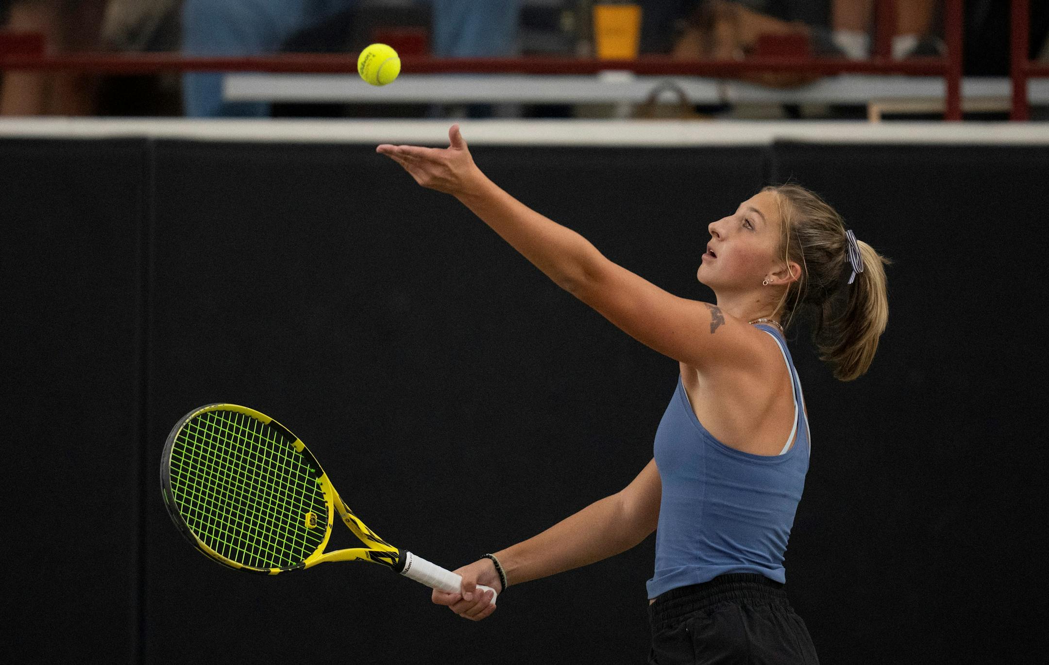 Minnetonka's Kelsey Phillips served during her No. 1 doubles match that she and Karina Elvestrom won 6-1, 6-0 over Blake Wednesday, Oct. 27, 2021 in Minneapolis. Minnetonka won the Class 2A girl's tennis state championship 6-1 over Blake at the Baseline Tennis Center Wednesday afternoon Wednesday, Oct. 27, 2021 in Minneapolis. ] JEFF WHEELER • Jeff.Wheeler@startribune.com