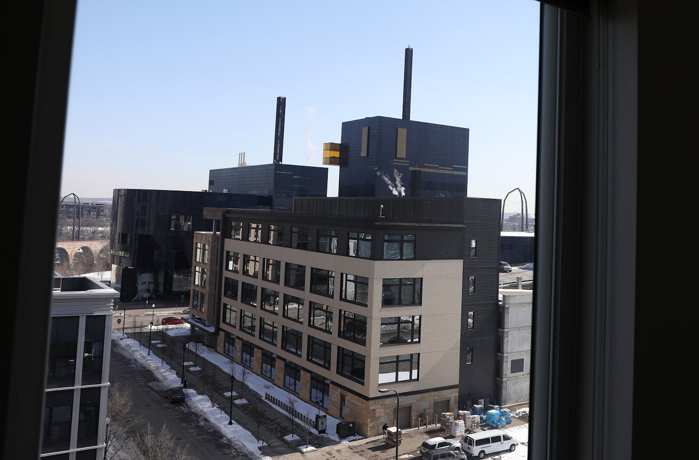 The Guthrie Theater is visible out the window of a unit in the apartment portion of the East End Development.