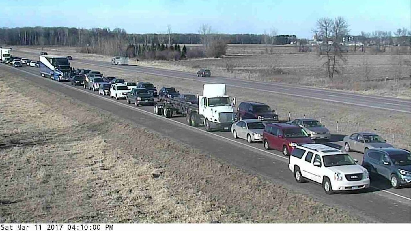 Cameras show traffic on southbound I-35W just miles north of Harris following a fatal crash on the highway Saturday afternoon.