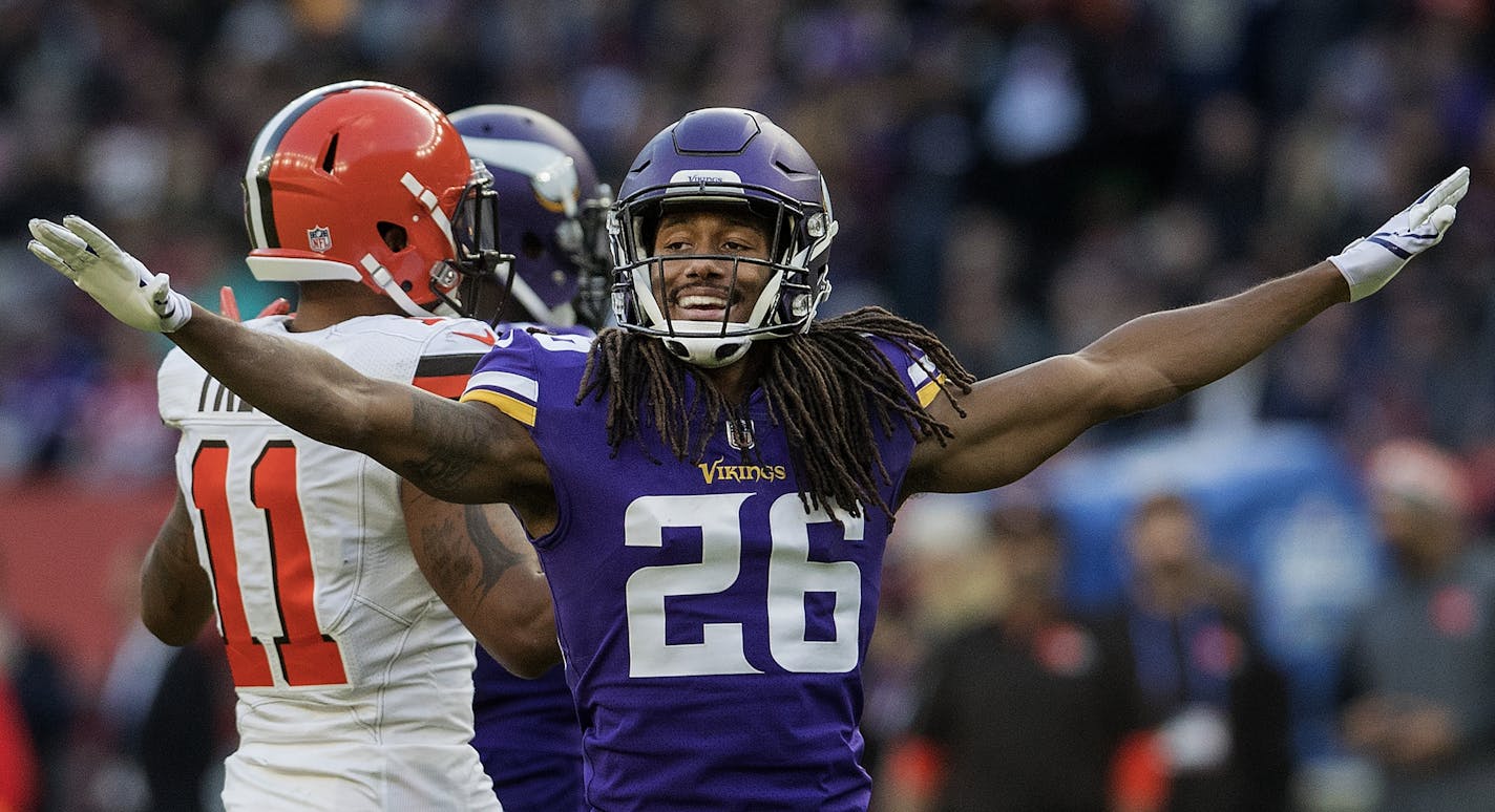 Minnesota Vikings cornerback Trae Waynes (26) reacted after breaking up a pass in London.