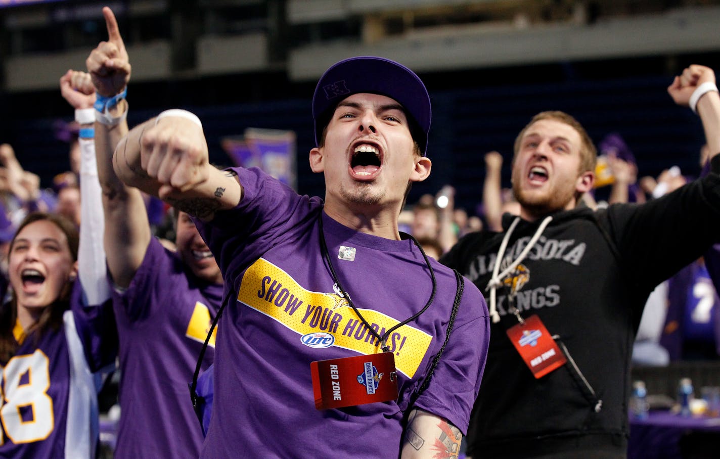 Minnesota Vikings fans Eric Klitzke of Blaine and Joe Hager of Ormsby reacted to announcement of the Vikings selecting Cordarrelle Patterson during the Vikings draft party in 2013.