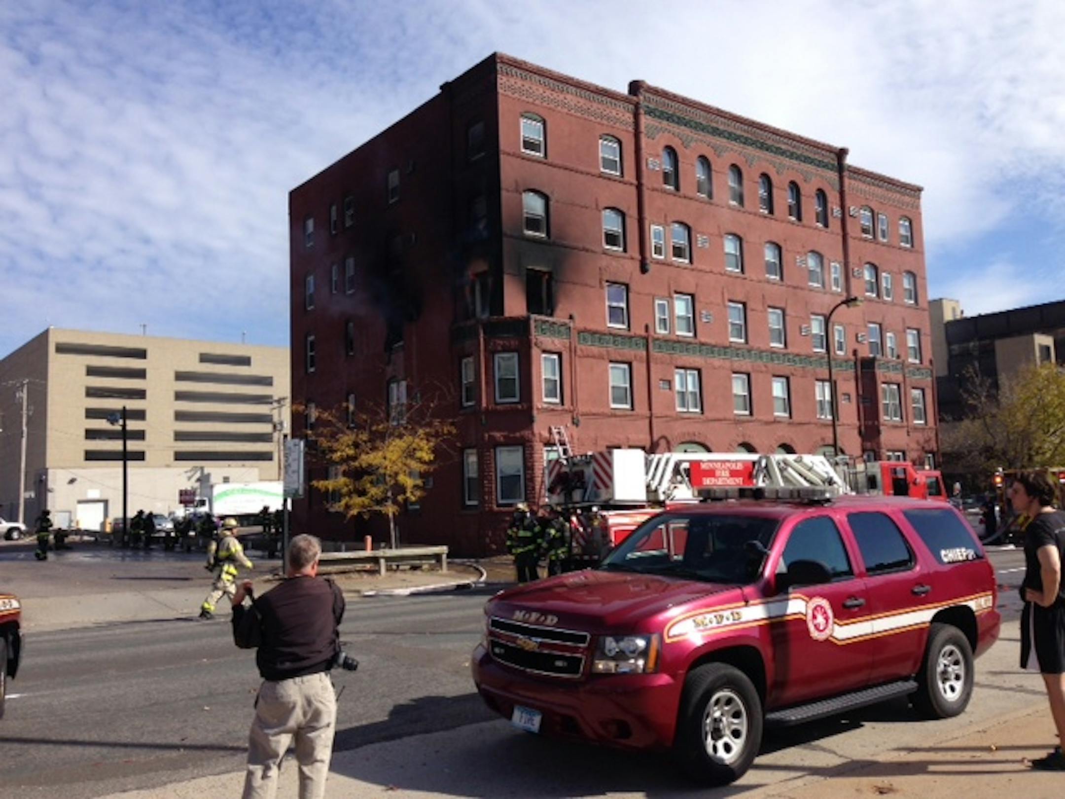 An apartment building in downtown Minneapolis caught fire Sunday.
