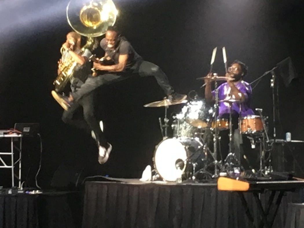 Damon Bryson and Cap'n Kirk Douglas jumped off Questlove's drum kit to end the Roots' performance at Mystic Lake Casino Showroom.