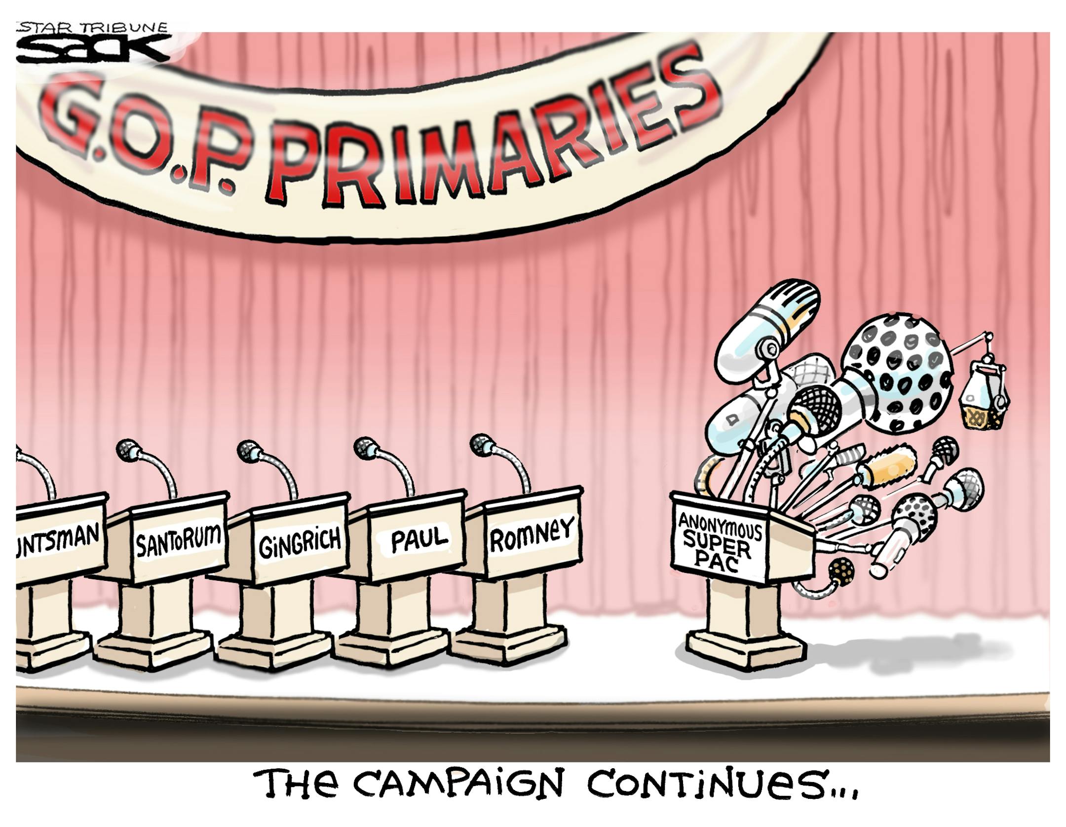 Steve Sack editorial cartoon for Jan. 9, 2012. Topic: Impact of Super PACS on GOP primary.