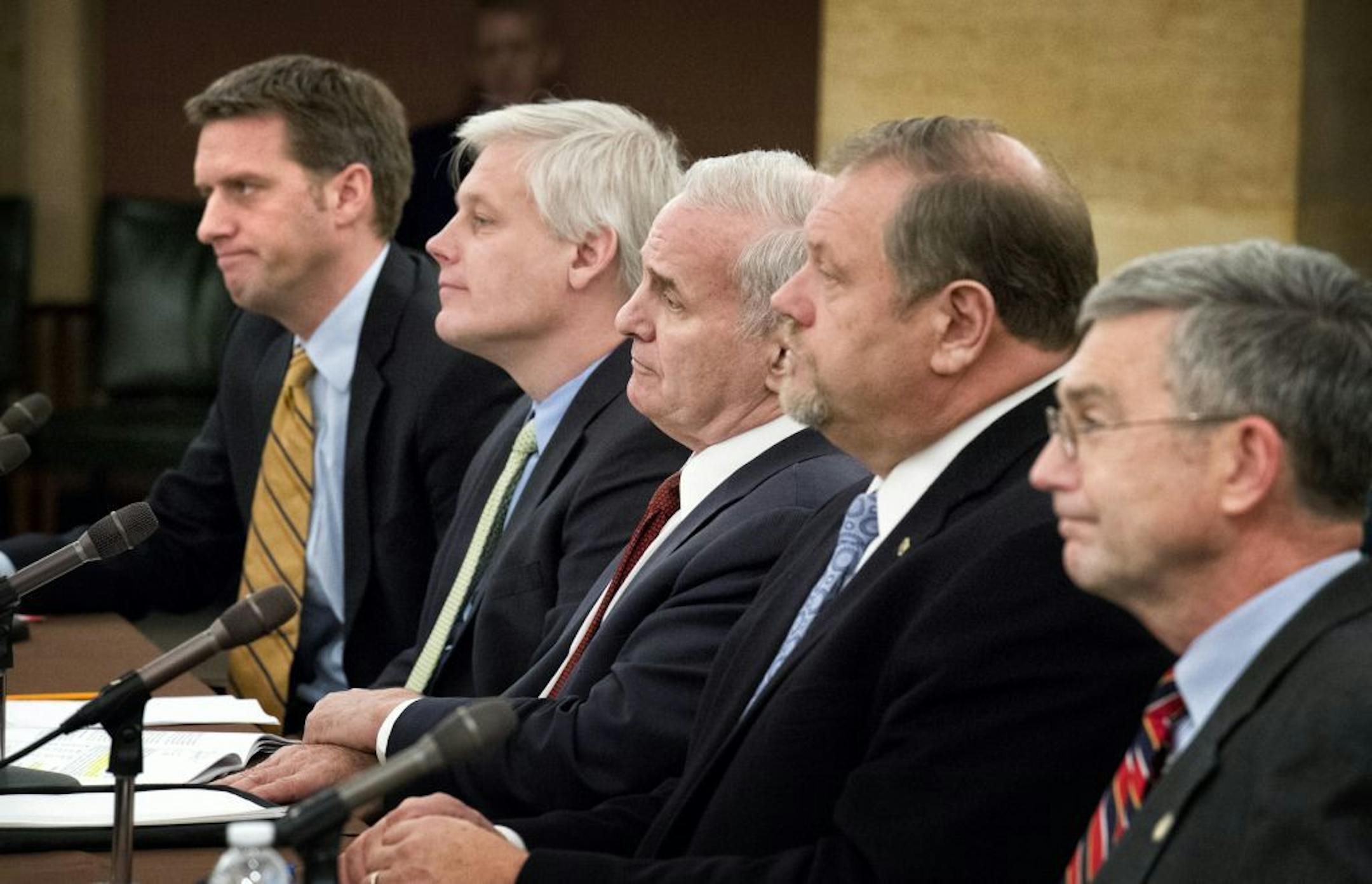 Incoming Legislative leaders and Governor Dayton talked about the upcoming legislative session, Monday, December 10, 2012. L to R are House Minority Leader Kurt Daudt, House Majority Leader Paul Thissen, Governor Mark Dayton, Senate Majority Leader Tom Bakk and Senate Minority Leader David Hann