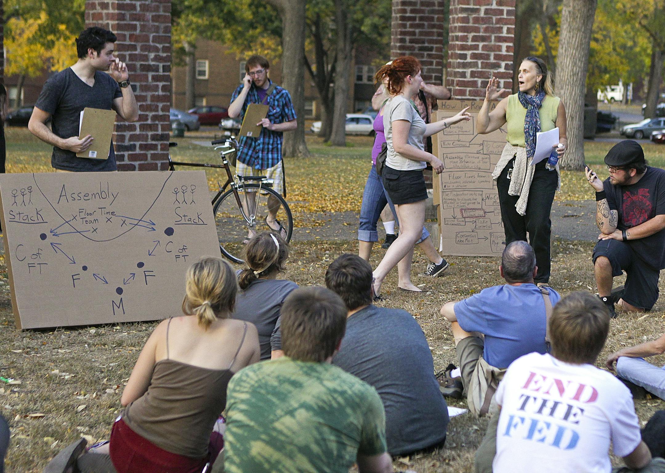TOM WALLACE � twallace@startribune.comOccupy Wall St. Protesters. Held a "General Assembly" at 5 p.m. Thursday to make last minute plans for "occupation" of Hennepin County Government Center plaza on Friday.